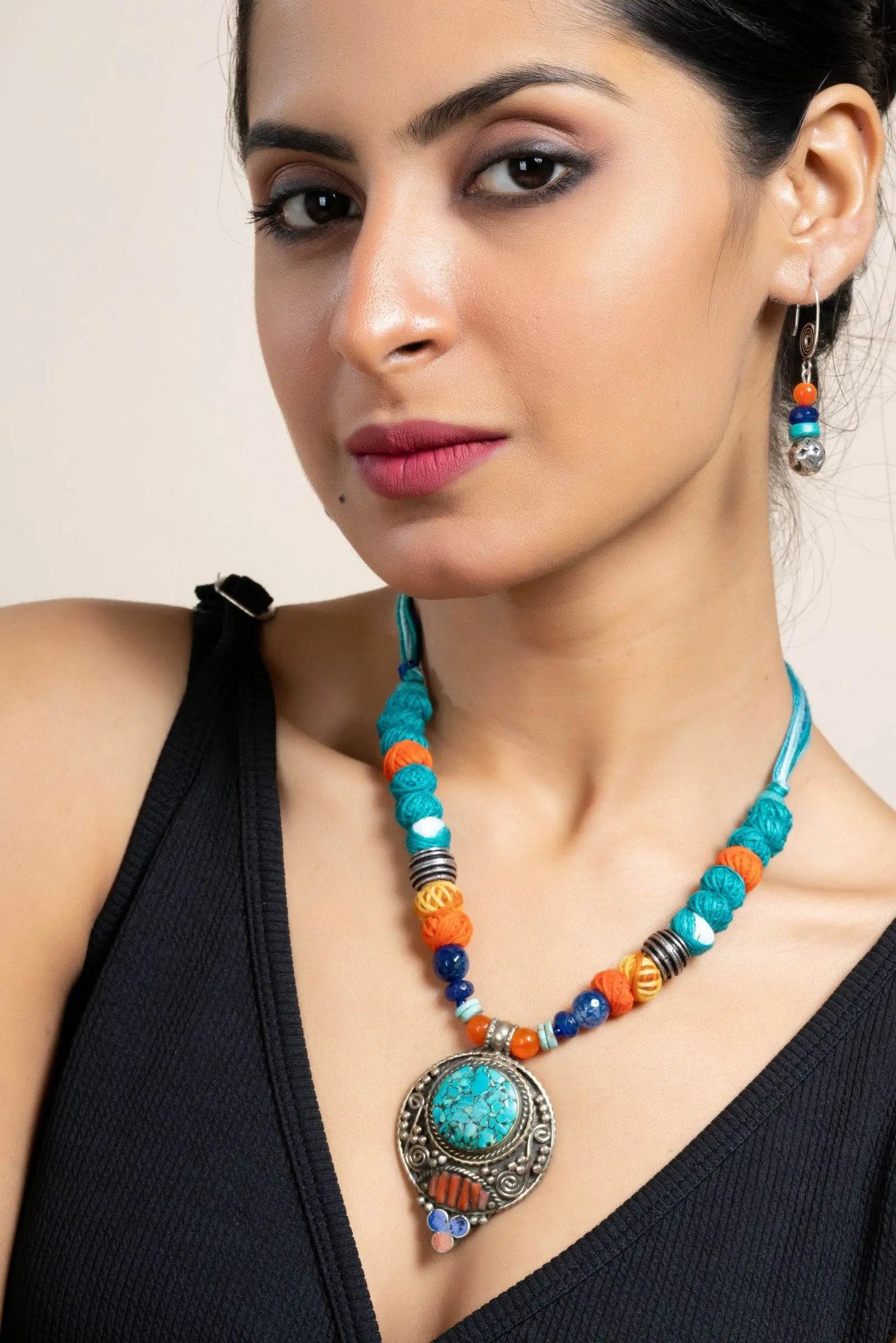 Handmade Semi Precious Turquoise Blue Red Tibetan Necklace Set with Matching Earrings and Adjustable Dori - Lookandadorn.com