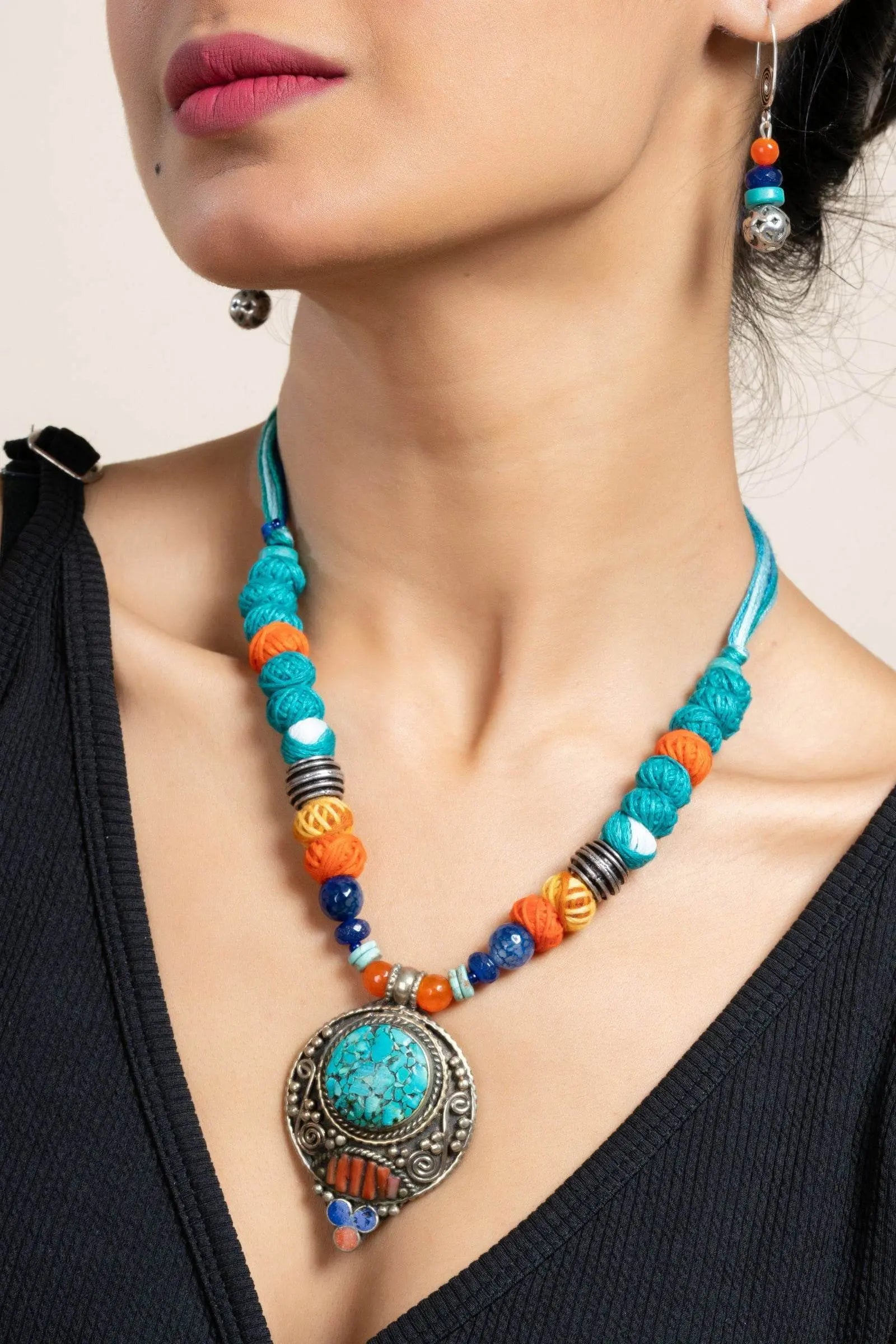 Handmade Semi Precious Turquoise Blue Red Tibetan Necklace Set with Matching Earrings and Adjustable Dori - Lookandadorn.com