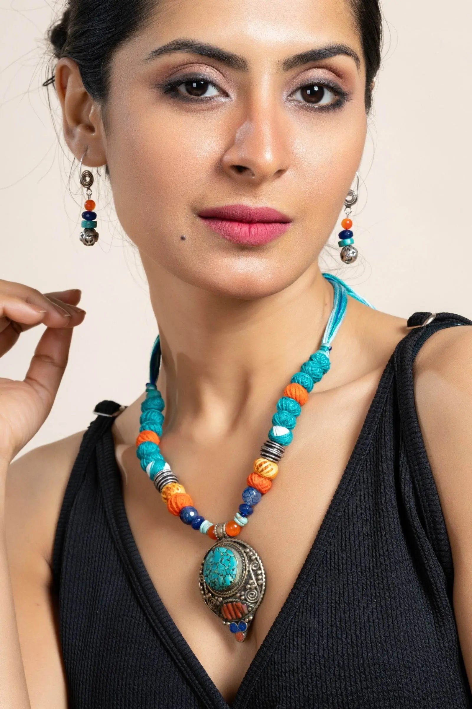 Handmade Semi Precious Turquoise Blue Red Tibetan Necklace Set with Matching Earrings and Adjustable Dori - Lookandadorn.com