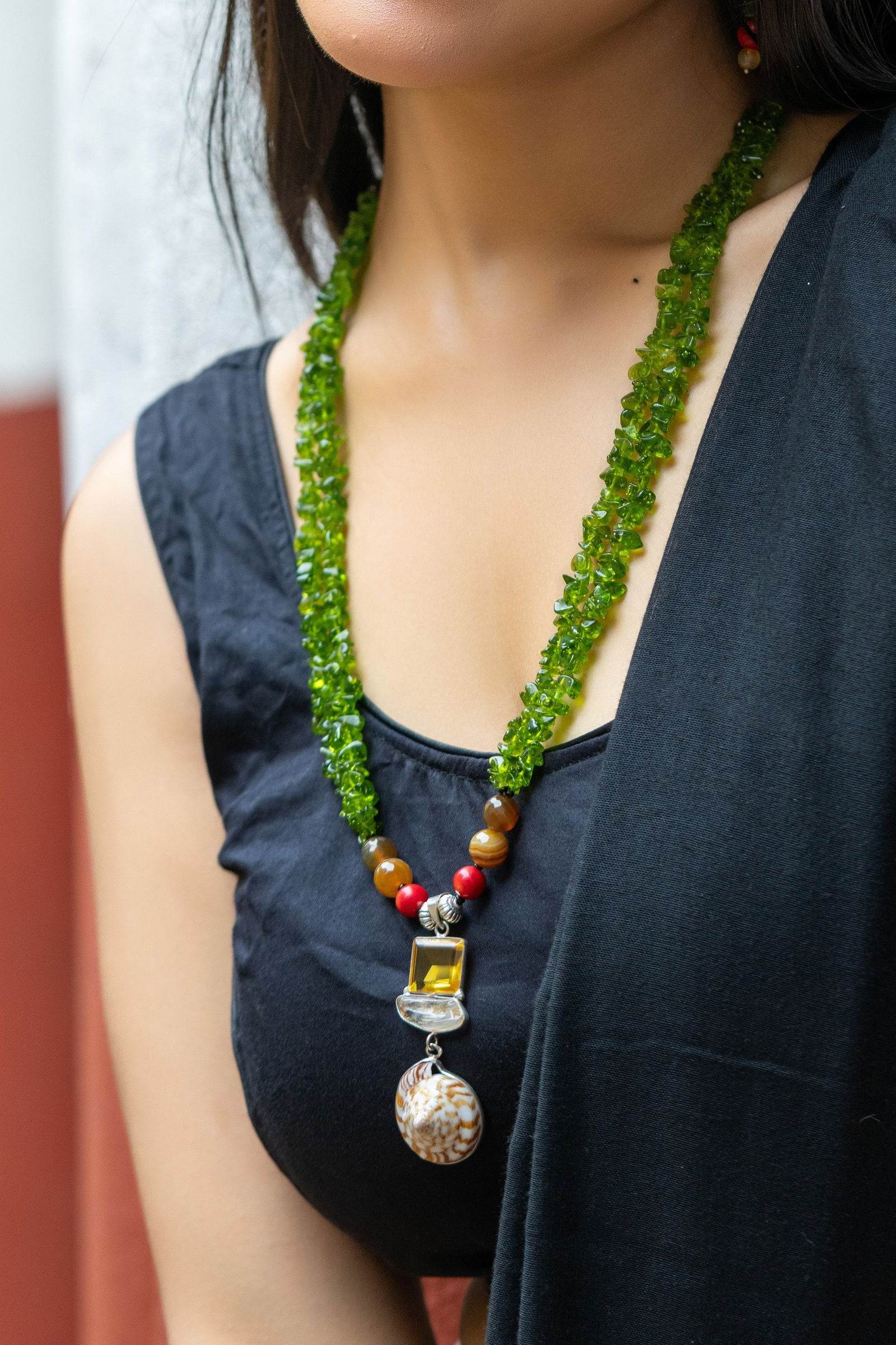 Handmade Green Red Stone Jewelry Set with Earrings