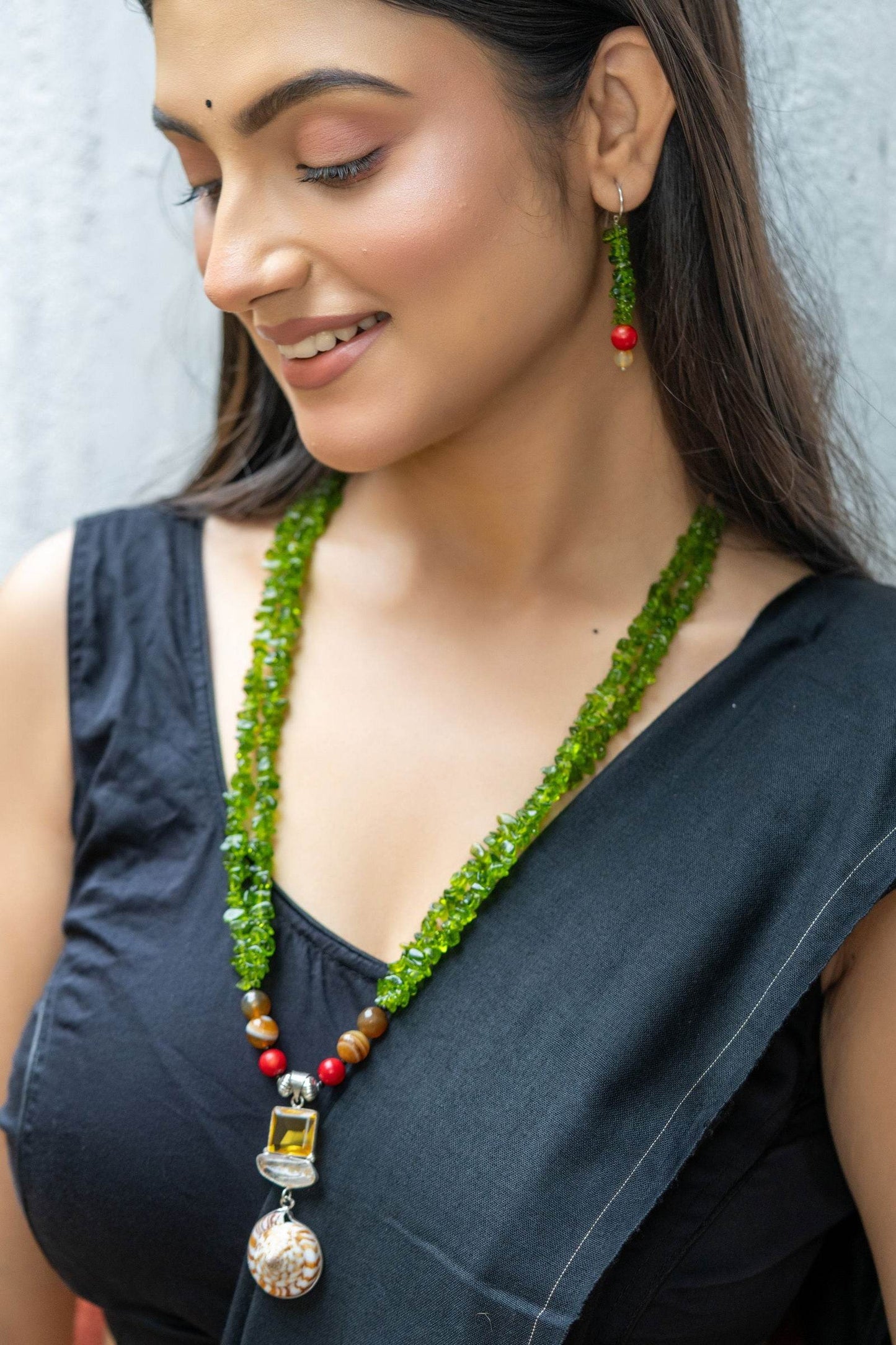 Handmade Semi precious Stone Pendant with Green Red Stone Necklace with Earrings Jewelry Set - Lookandadorn.com