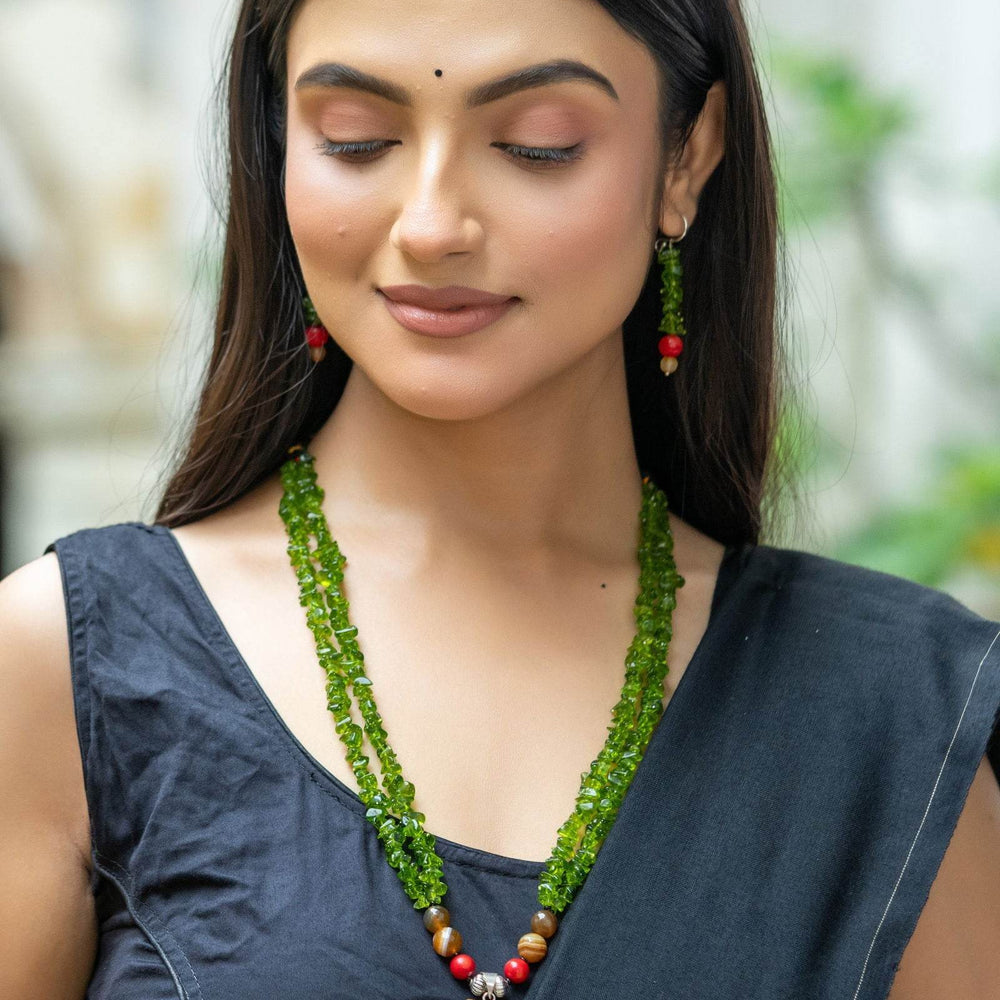 Handmade Semi precious Stone Pendant with Green Red Stone Necklace with Earrings Jewelry Set - Lookandadorn.com