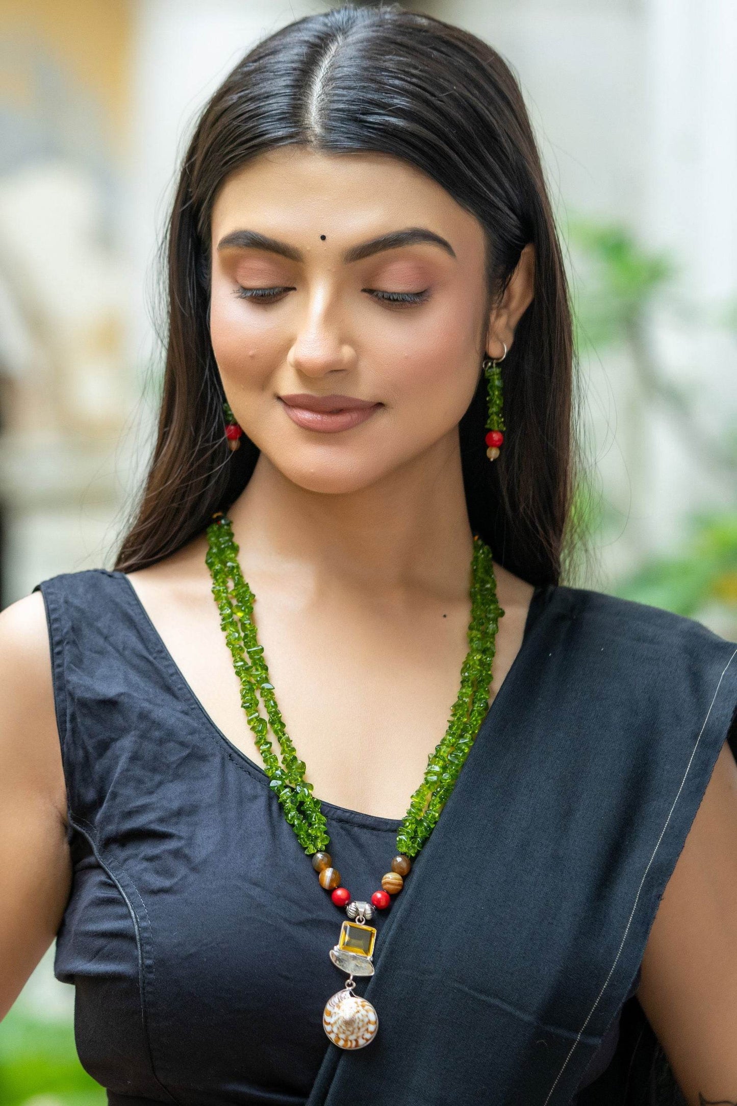Handmade Semi precious Stone Pendant with Green Red Stone Necklace with Earrings Jewelry Set - Lookandadorn.com