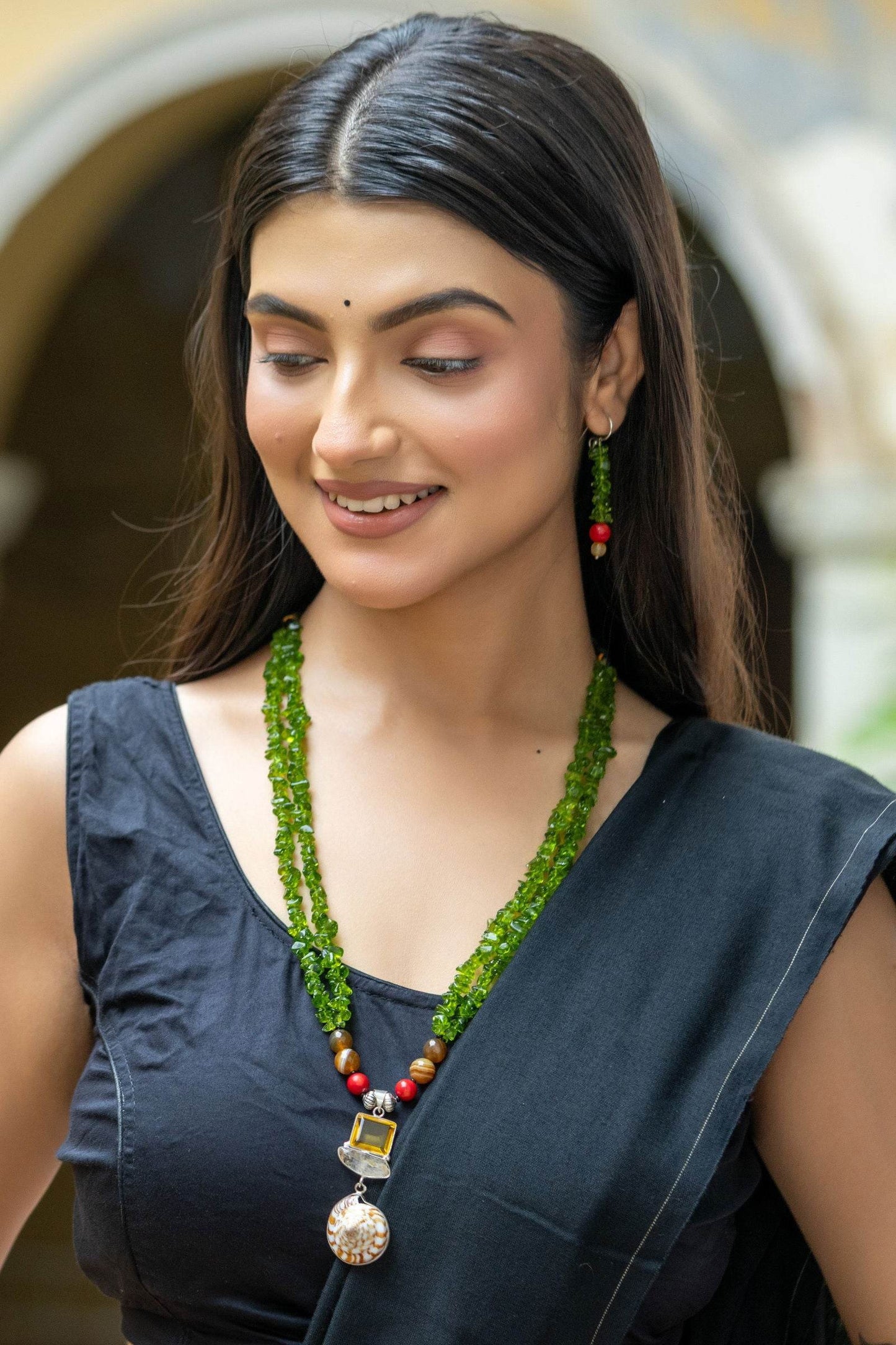 Handmade Semi precious Stone Pendant with Green Red Stone Necklace with Earrings Jewelry Set - Lookandadorn.com
