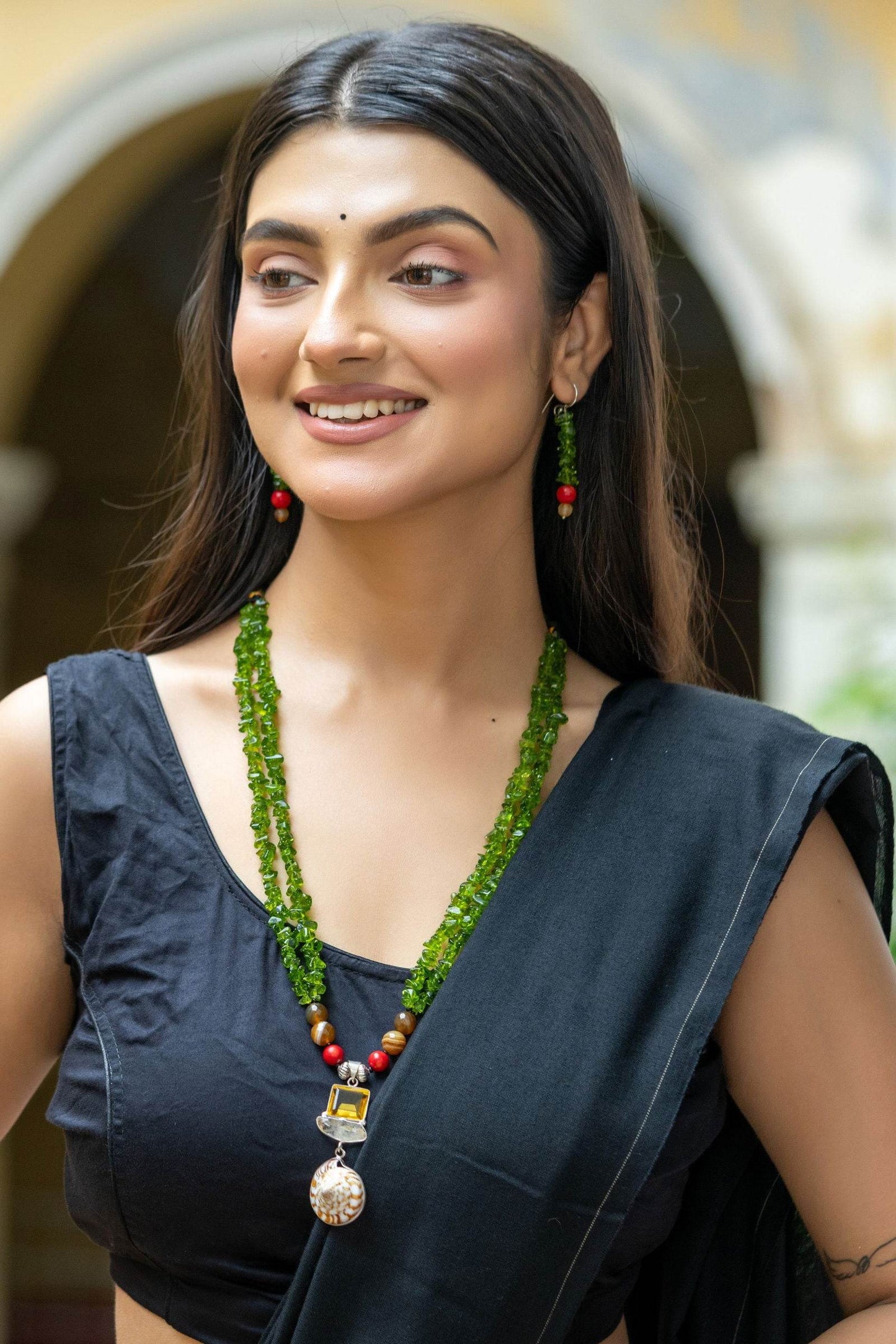Handmade Semi precious Stone Pendant with Green Red Stone Necklace with Earrings Jewelry Set - Lookandadorn.com