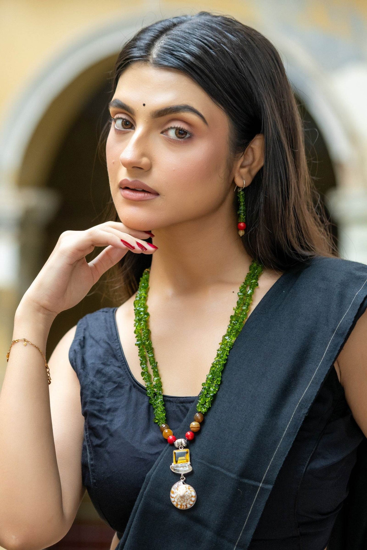 Handmade Semi precious Stone Pendant with Green Red Stone Necklace with Earrings Jewelry Set - Lookandadorn.com