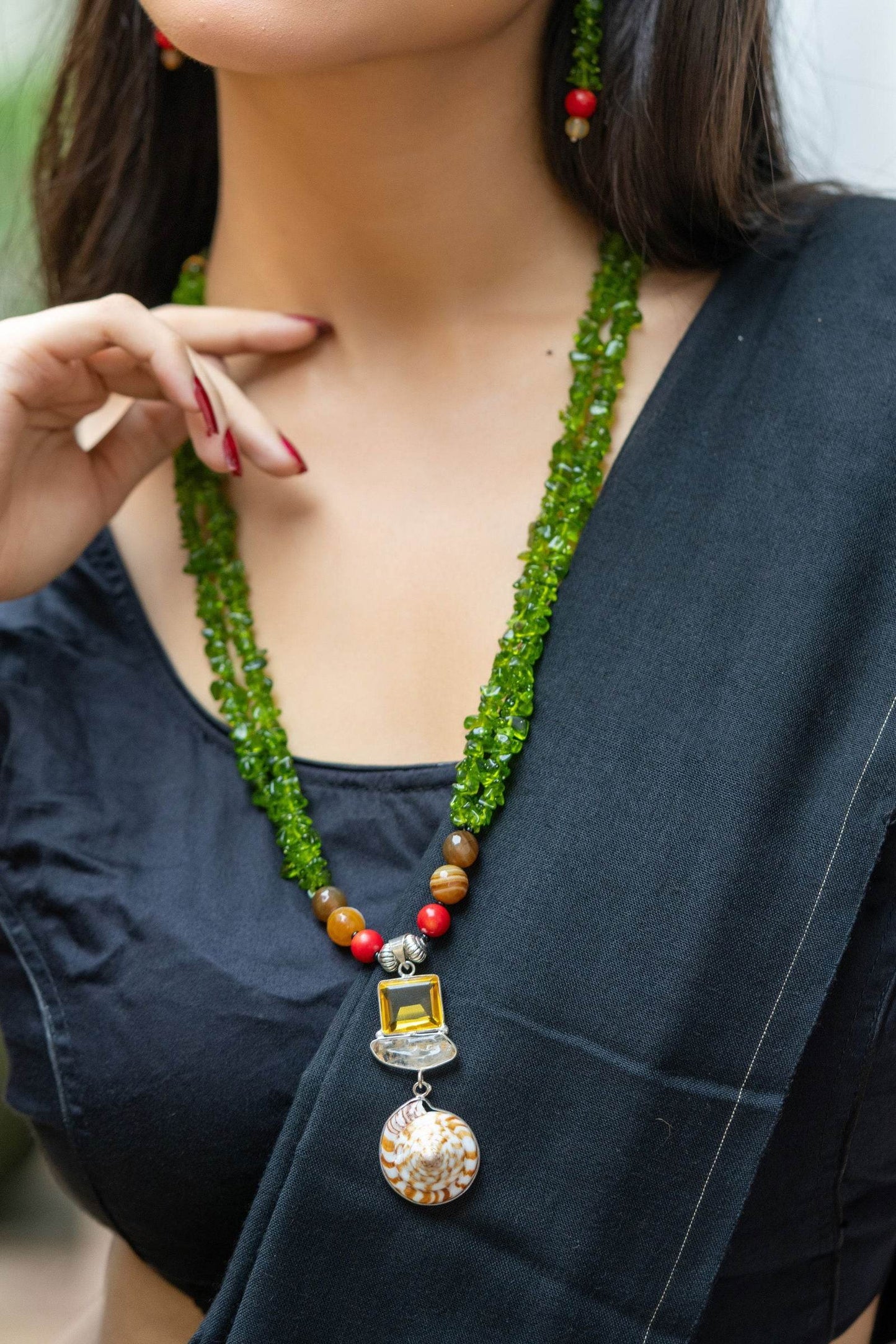 Handmade Semi precious Stone Pendant with Green Red Stone Necklace with Earrings Jewelry Set - Lookandadorn.com