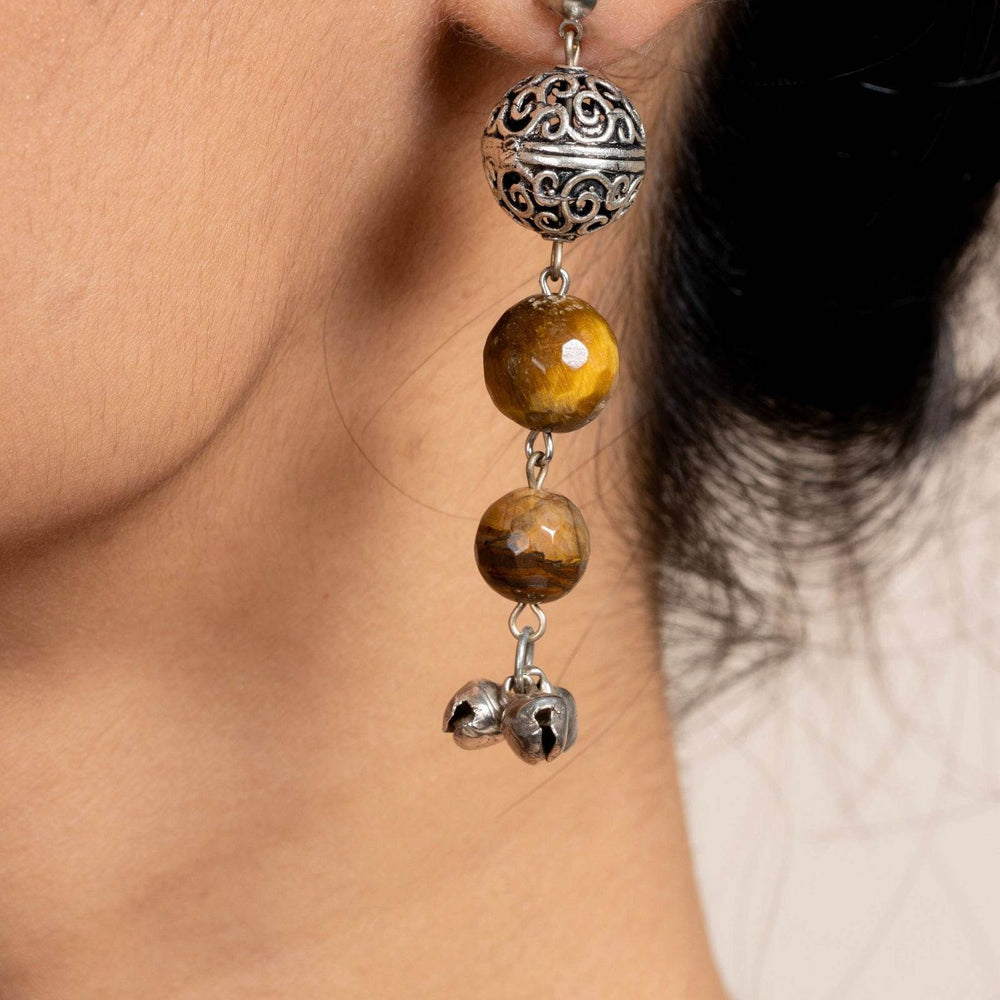 Handmade Tiger Eye German Silver Ghungroo Stud Earrings - Unique Semi Precious Stone Jewelry for Women - Lookandadorn.com