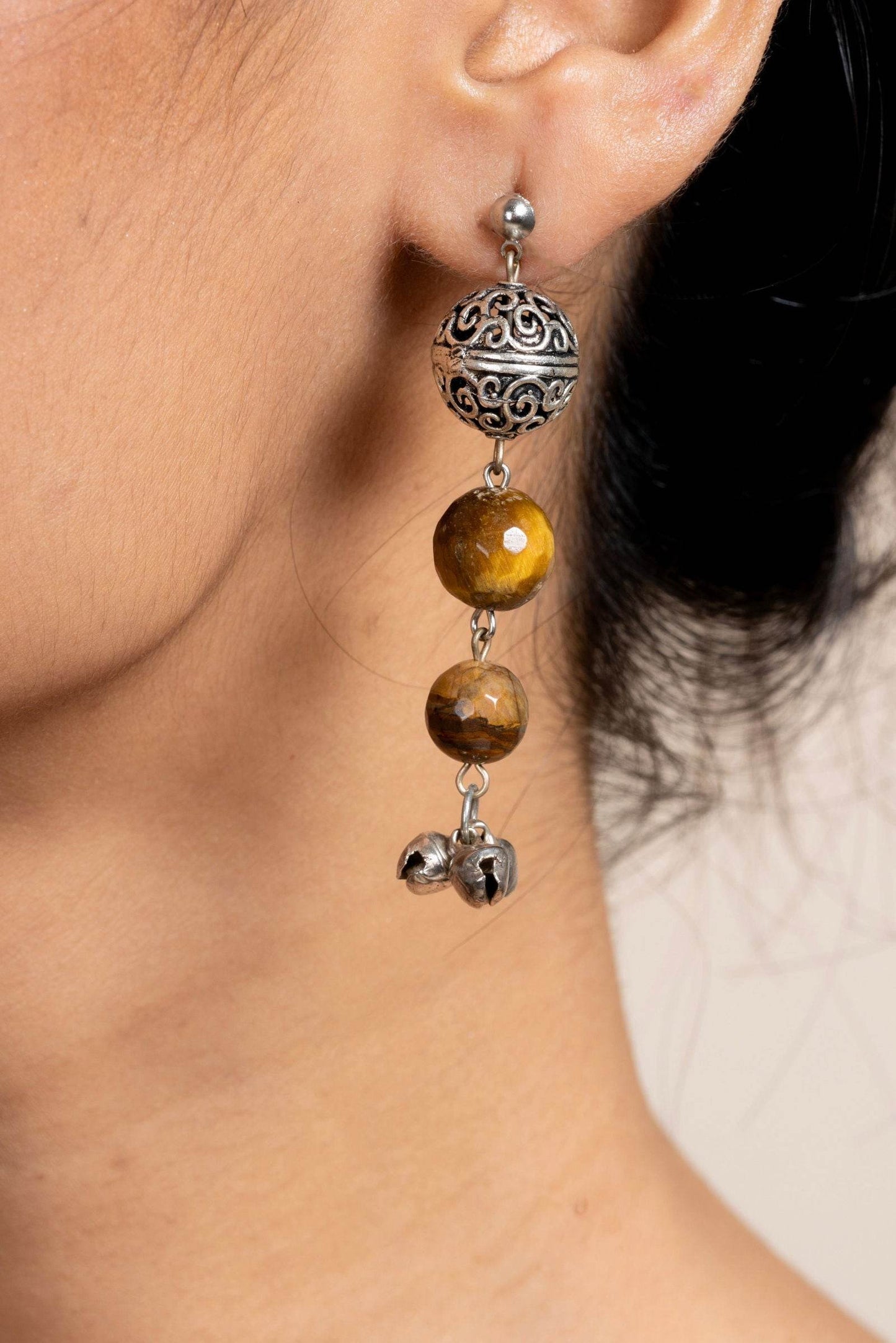 Handmade Tiger Eye German Silver Ghungroo Stud Earrings - Unique Semi Precious Stone Jewelry for Women - Lookandadorn.com
