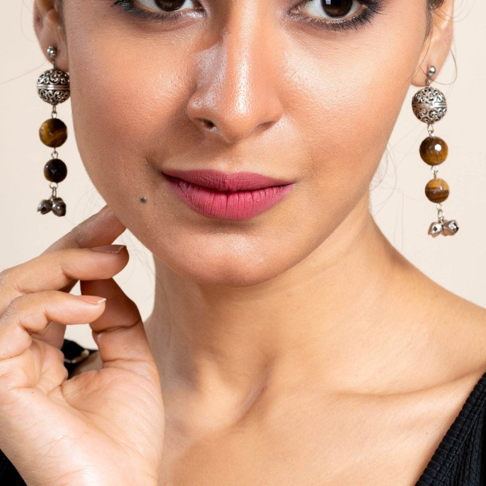 Handmade Tiger Eye German Silver Ghungroo Stud Earrings - Unique Semi Precious Stone Jewelry for Women - Lookandadorn.com