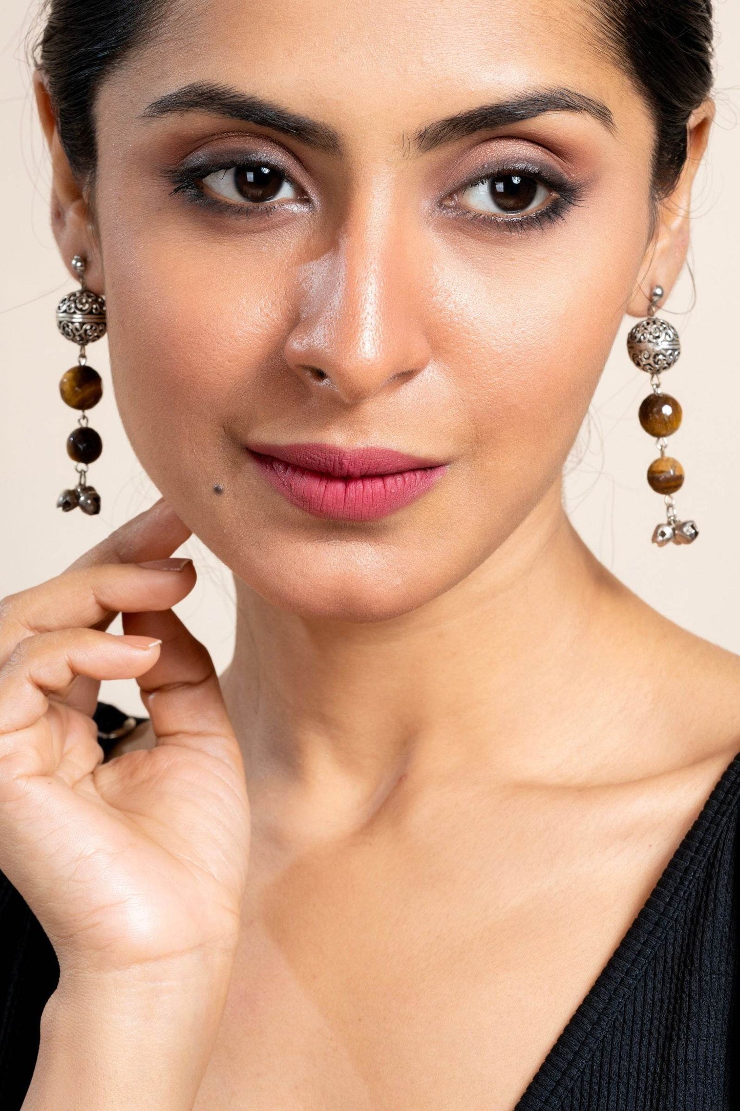 Handmade Tiger Eye German Silver Ghungroo Stud Earrings - Unique Semi Precious Stone Jewelry for Women - Lookandadorn.com