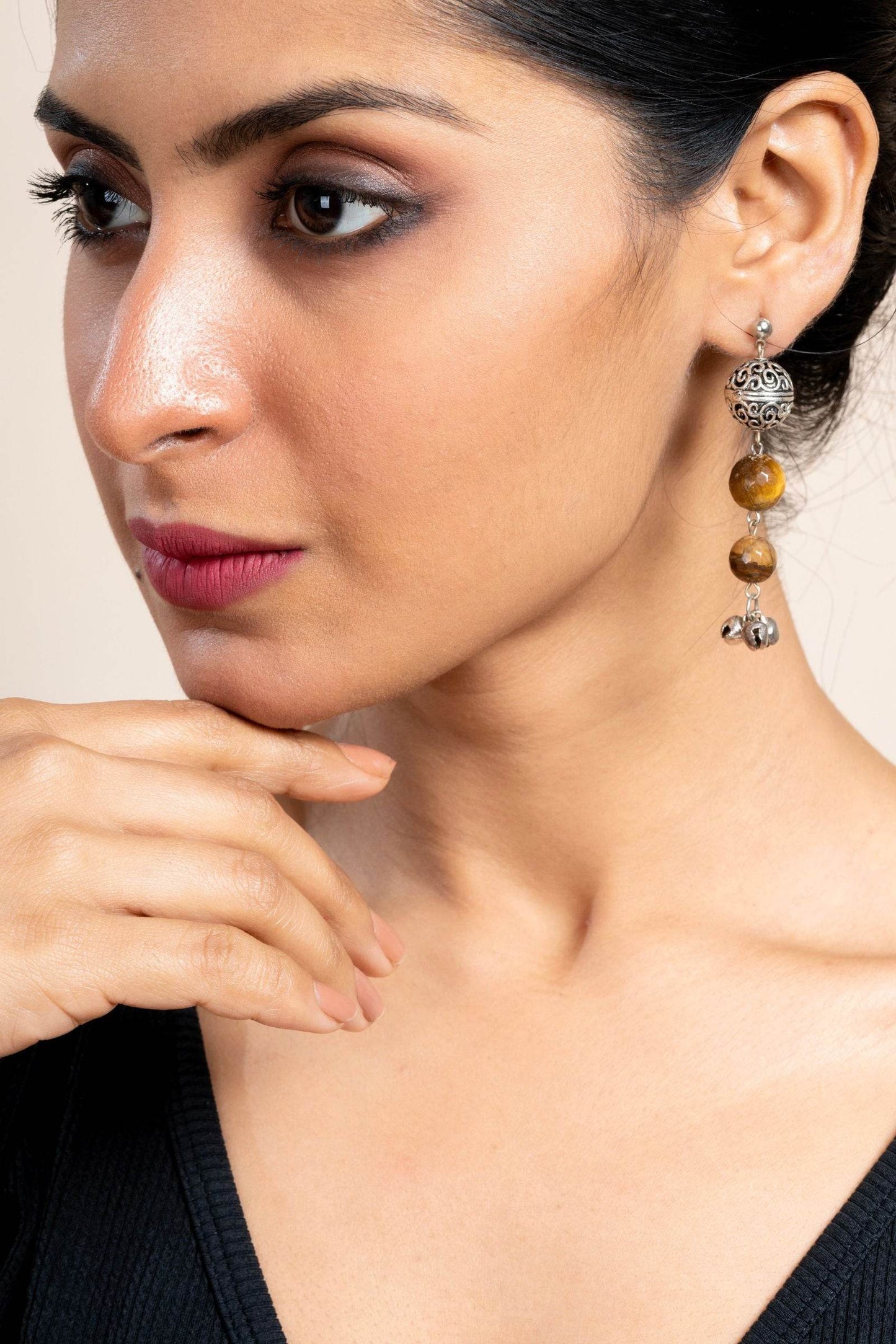 Handmade Tiger Eye German Silver Ghungroo Stud Earrings - Unique Semi Precious Stone Jewelry for Women - Lookandadorn.com
