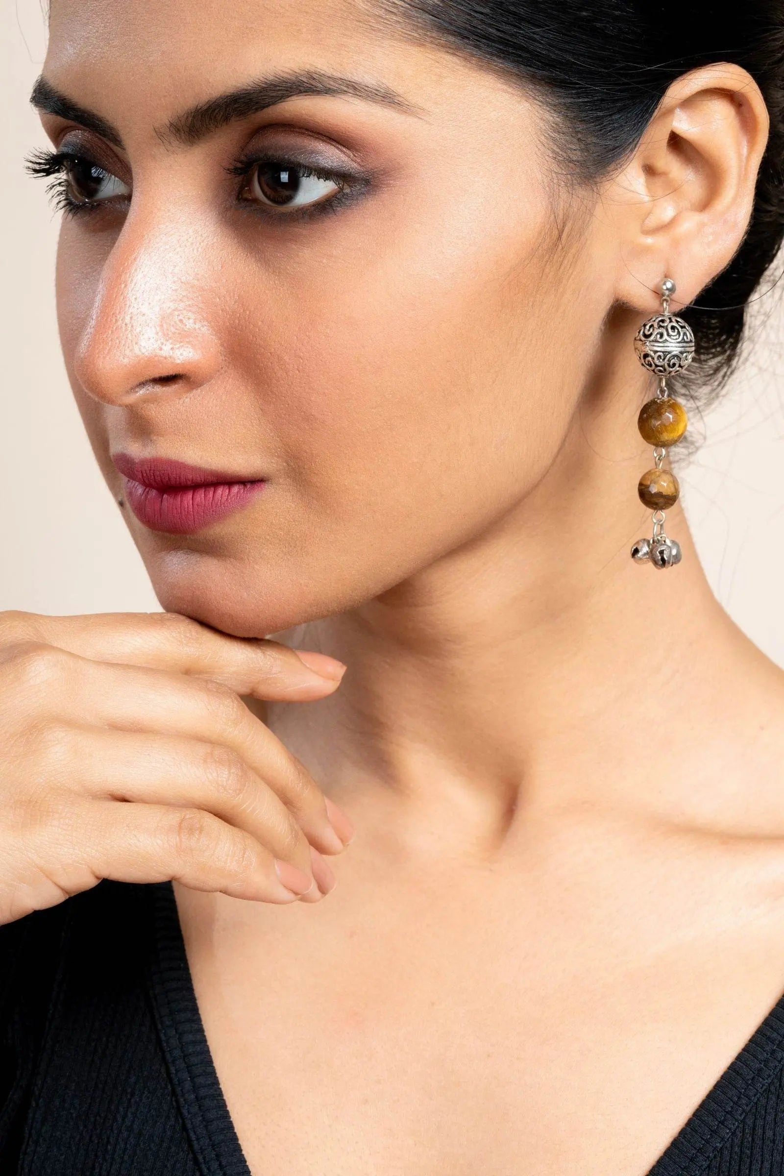 Handmade Tiger Eye German Silver Ghungroo Stud Earrings - Unique Semi Precious Stone Jewelry for Women - Lookandadorn.com