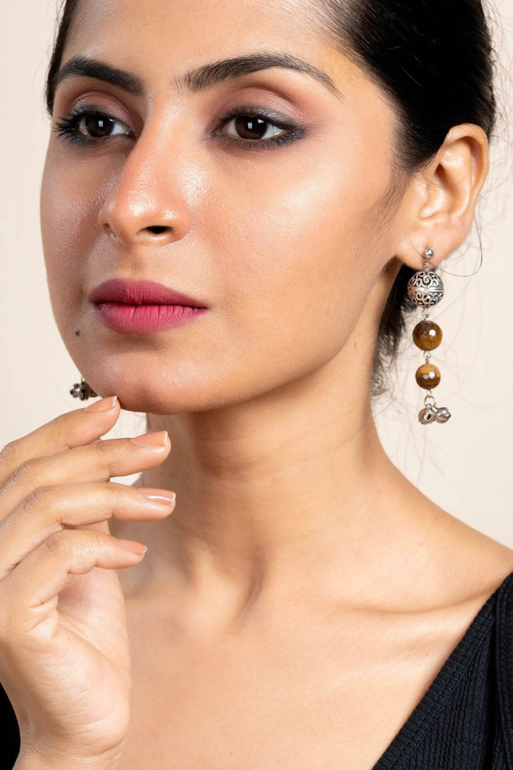 Handmade Tiger Eye German Silver Ghungroo Stud Earrings - Unique Semi Precious Stone Jewelry for Women - Lookandadorn.com