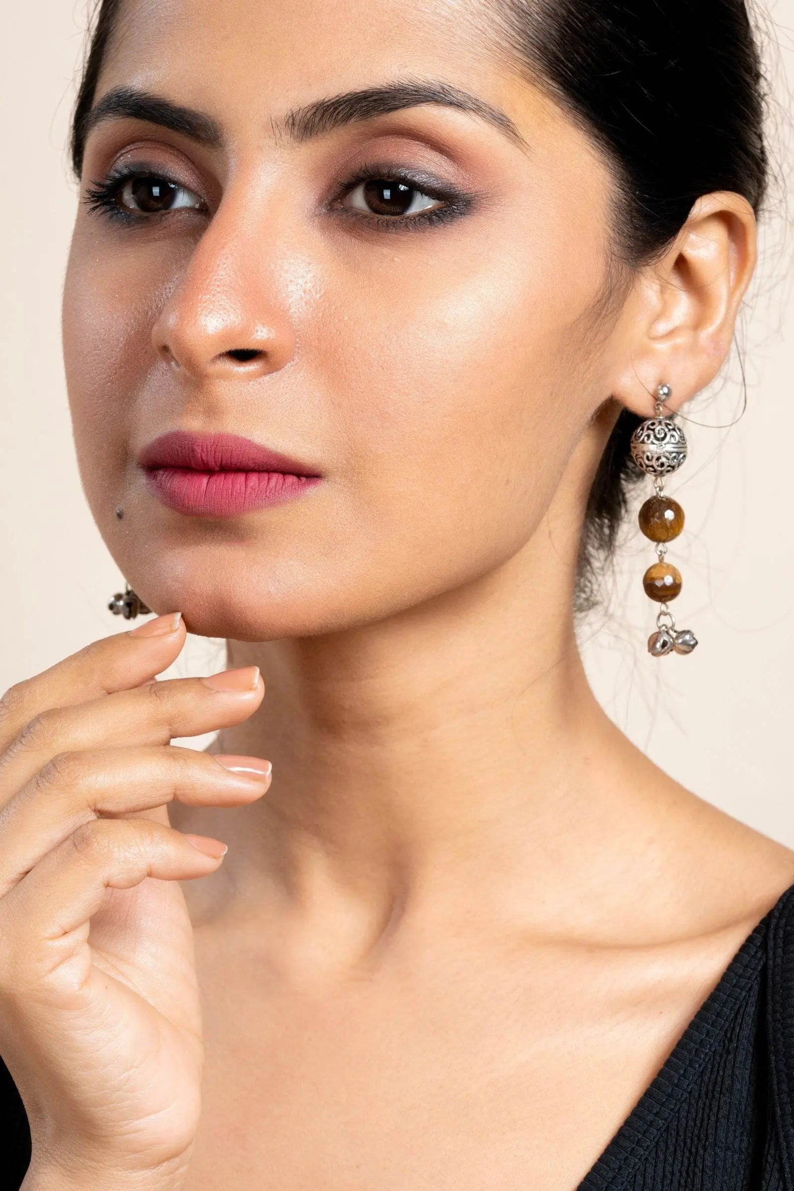 Handmade Tiger Eye German Silver Ghungroo Stud Earrings - Unique Semi Precious Stone Jewelry for Women - Lookandadorn.com