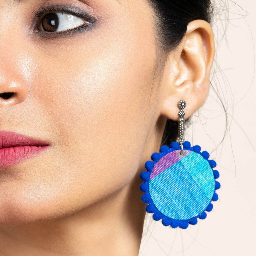 Handmade Turquoise Blue and Pink Fabric Earrings with Oxidized Stud, Unique Cotton & German Silver Jewelry - Lookandadorn.com