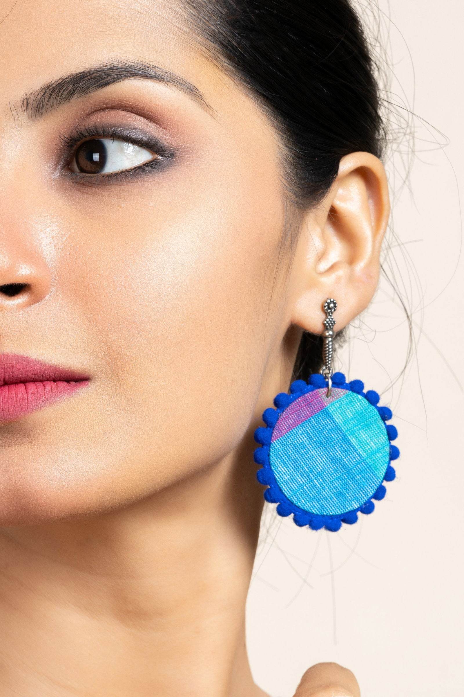 Handmade Turquoise Blue and Pink Fabric Earrings with Oxidized Stud, Unique Cotton & German Silver Jewelry - Lookandadorn.com