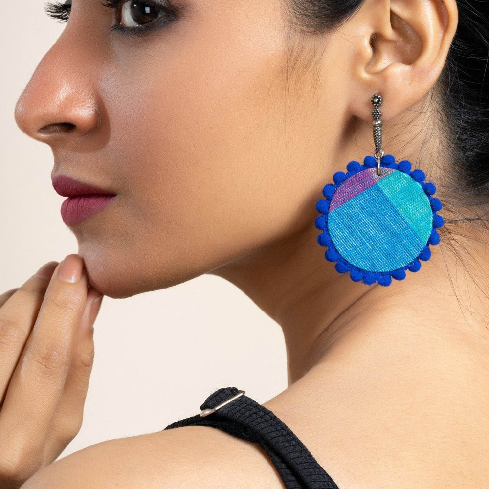 Handmade Turquoise Blue and Pink Fabric Earrings with Oxidized Stud, Unique Cotton & German Silver Jewelry - Lookandadorn.com