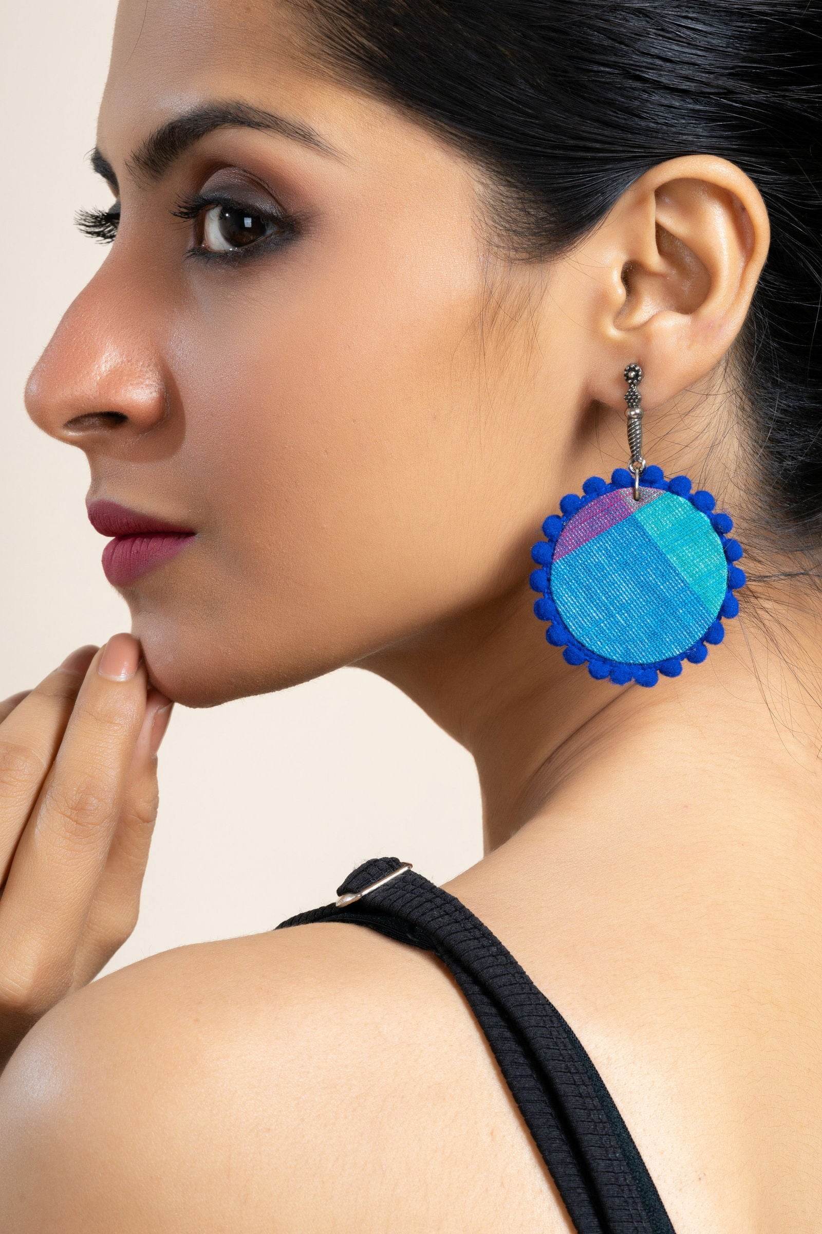 Handmade Turquoise Blue and Pink Fabric Earrings with Oxidized Stud, Unique Cotton & German Silver Jewelry - Lookandadorn.com