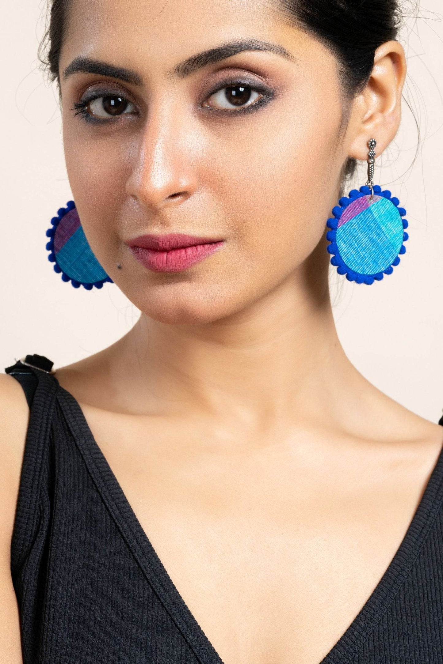 Handmade Turquoise Blue and Pink Fabric Earrings with Oxidized Stud, Unique Cotton & German Silver Jewelry - Lookandadorn.com
