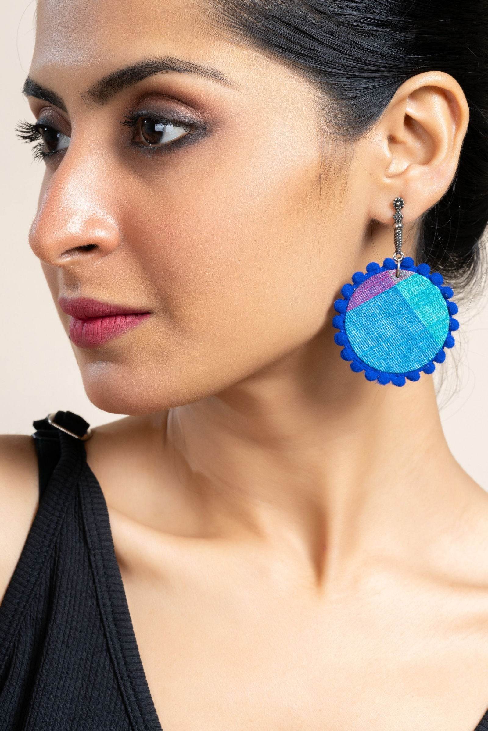 Handmade Turquoise Blue and Pink Fabric Earrings with Oxidized Stud, Unique Cotton & German Silver Jewelry - Lookandadorn.com