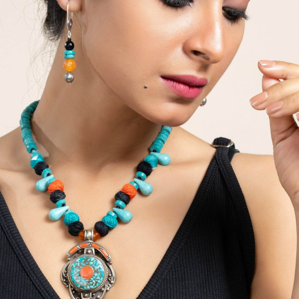 Handmade Turquoise Drop Blue Orange Tibetan Necklace with Matching Earrings Jewelry Set - Lookandadorn.com