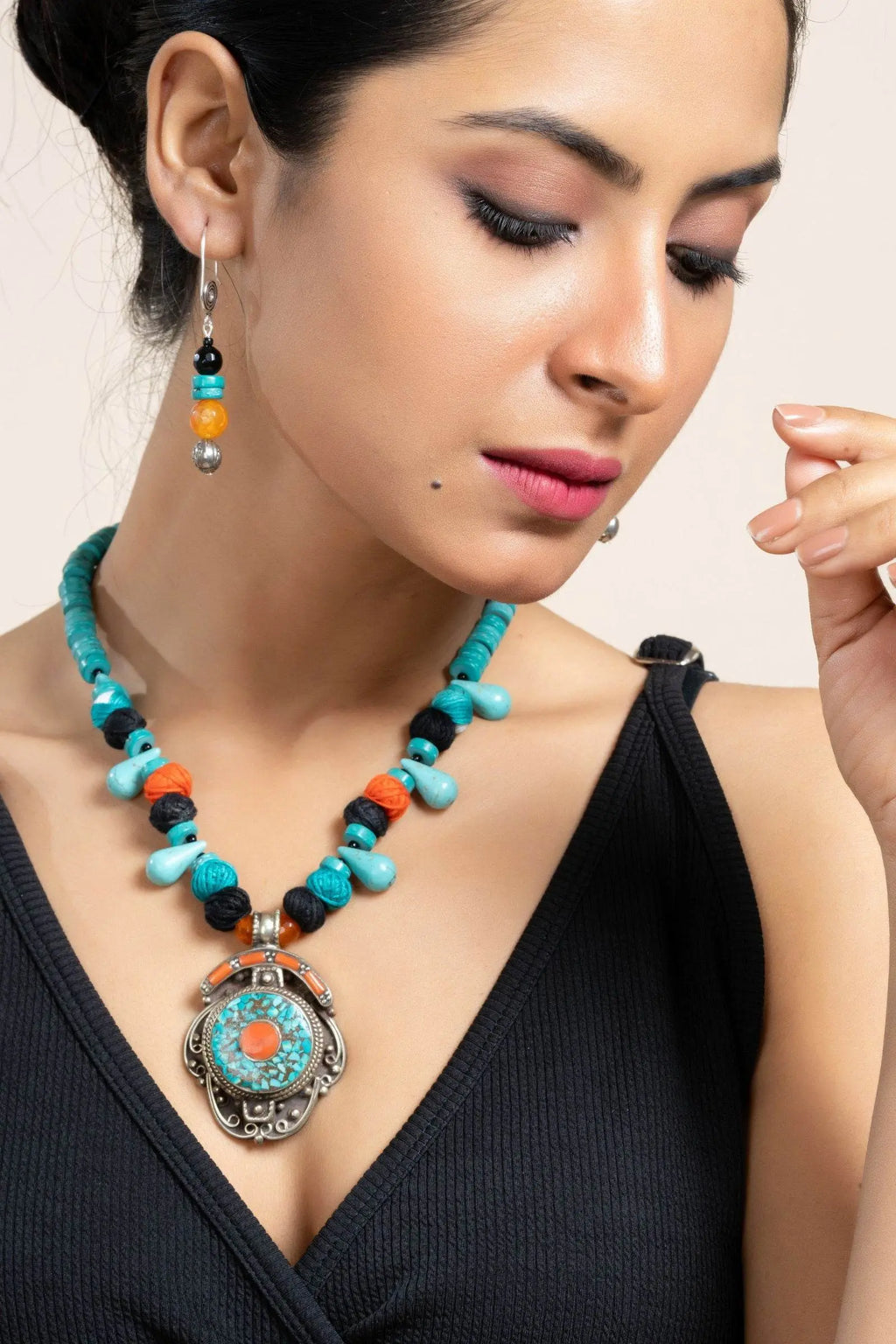 Handmade Turquoise Drop Blue Orange Tibetan Necklace with Matching Earrings Jewelry Set - Lookandadorn.com