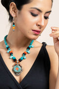 Handmade Turquoise Drop Blue Orange Tibetan Necklace with Matching Earrings Jewelry Set - Lookandadorn.com