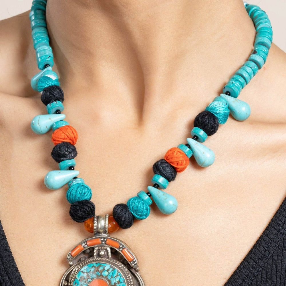 Handmade Turquoise Drop Blue Orange Tibetan Necklace with Matching Earrings Jewelry Set - Lookandadorn.com