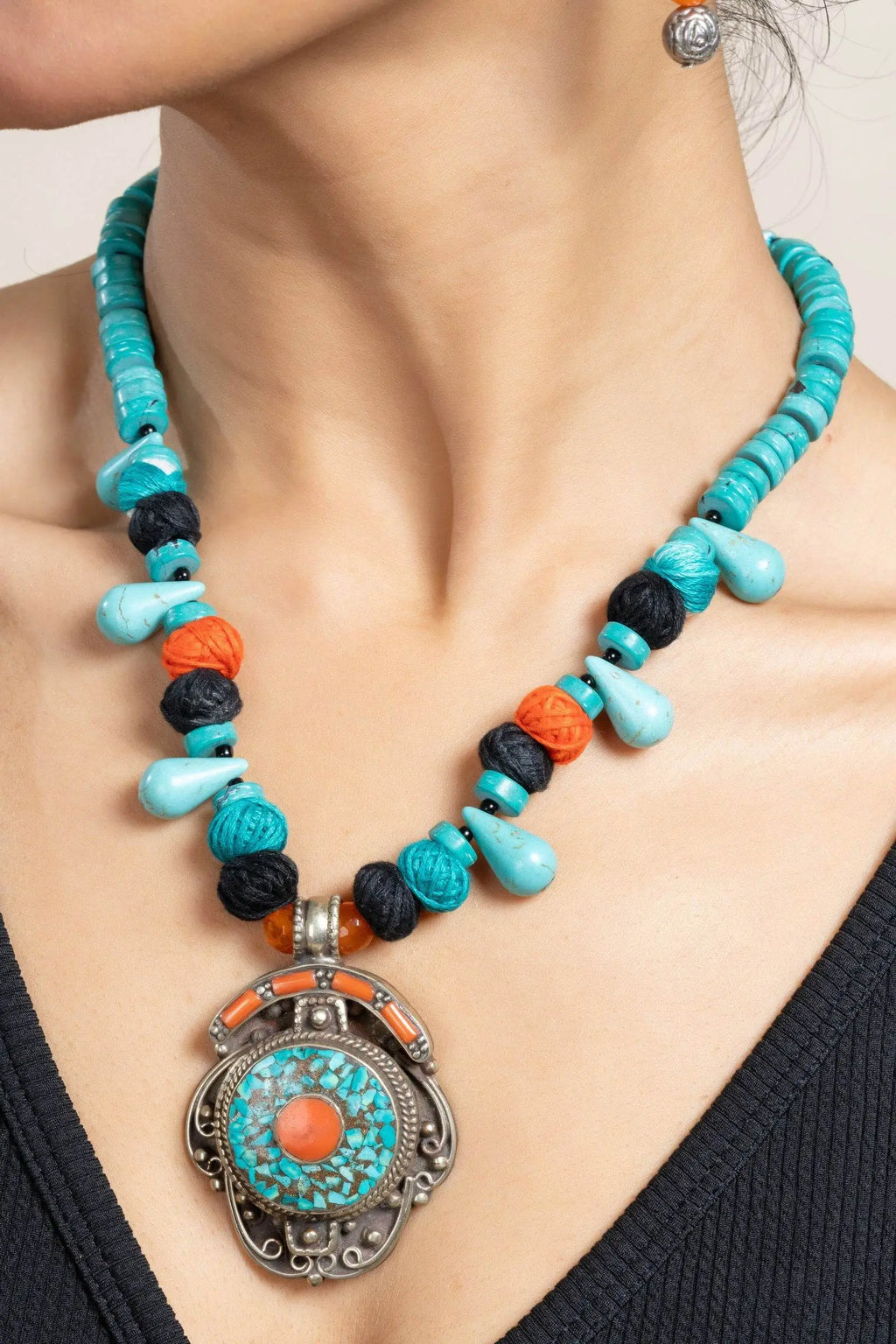 Handmade Turquoise Drop Blue Orange Tibetan Necklace with Matching Earrings Jewelry Set - Lookandadorn.com
