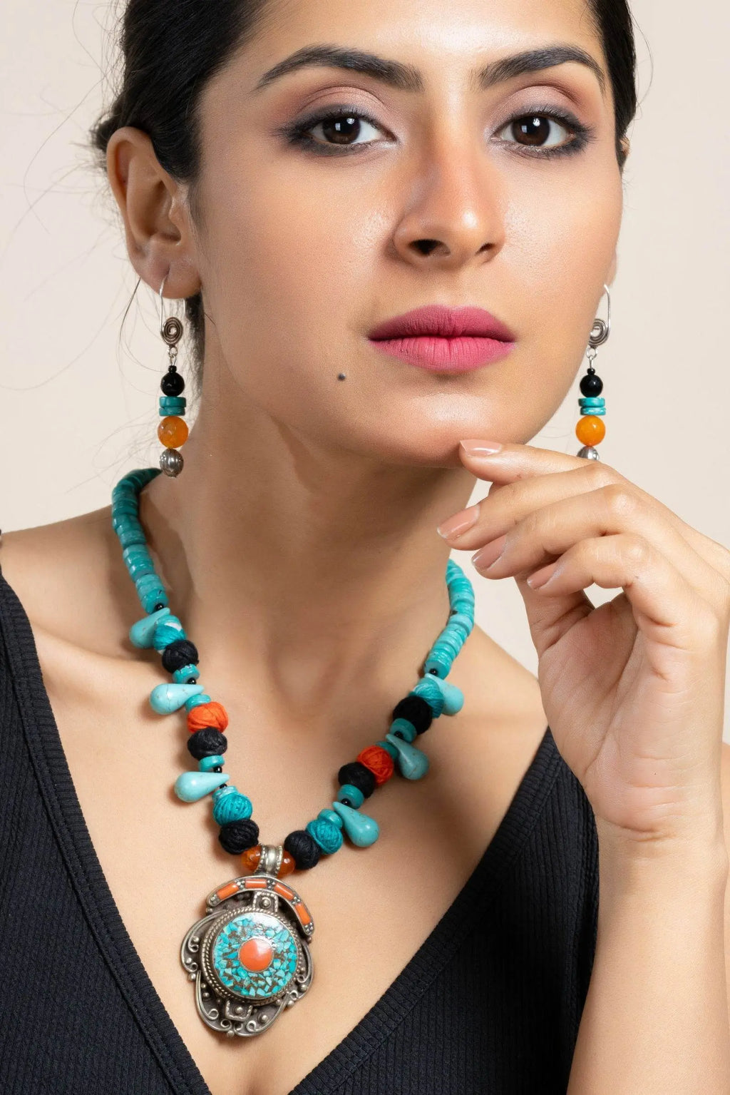 Handmade Turquoise Drop Blue Orange Tibetan Necklace with Matching Earrings Jewelry Set - Lookandadorn.com
