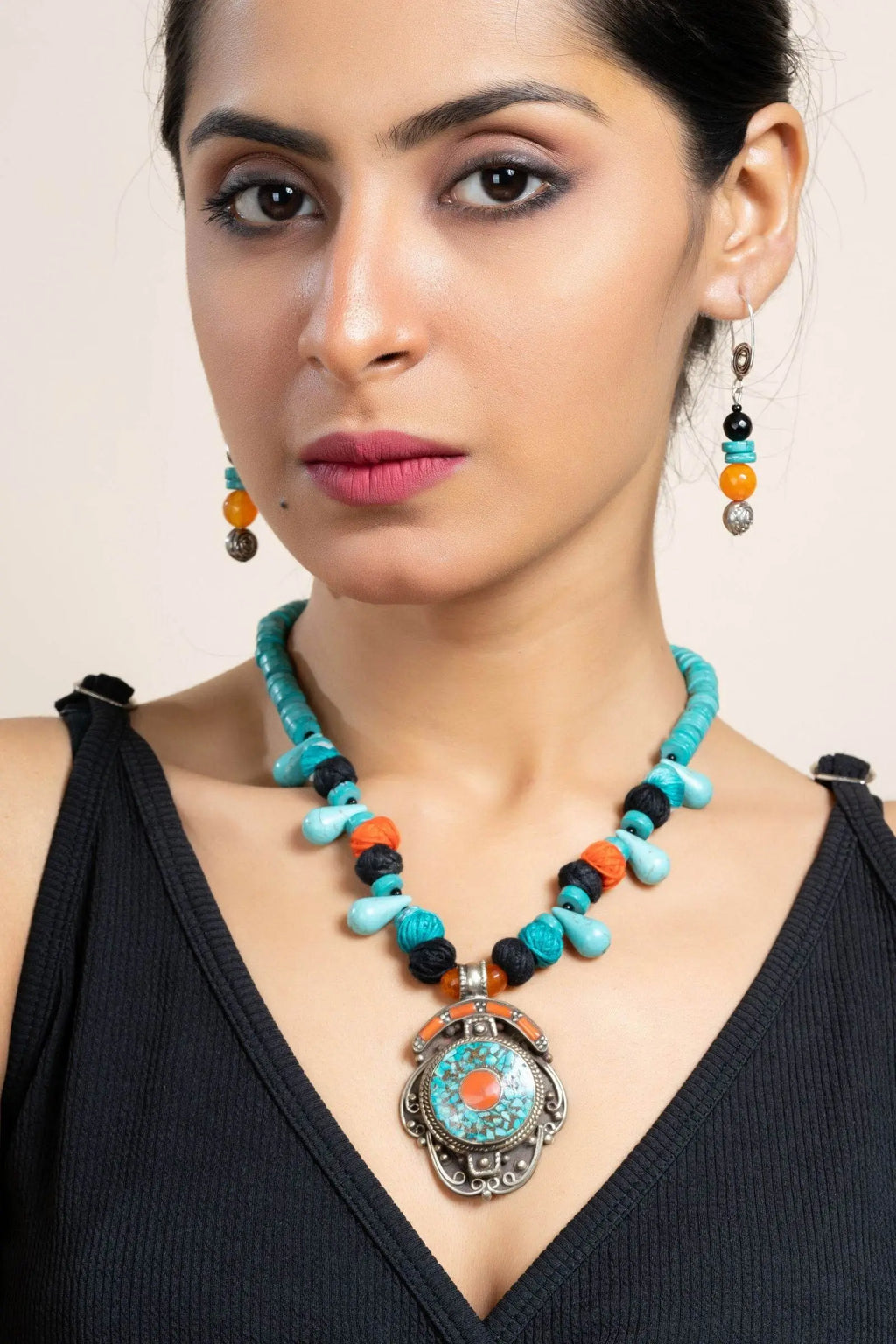 Handmade Turquoise Drop Blue Orange Tibetan Necklace with Matching Earrings Jewelry Set - Lookandadorn.com