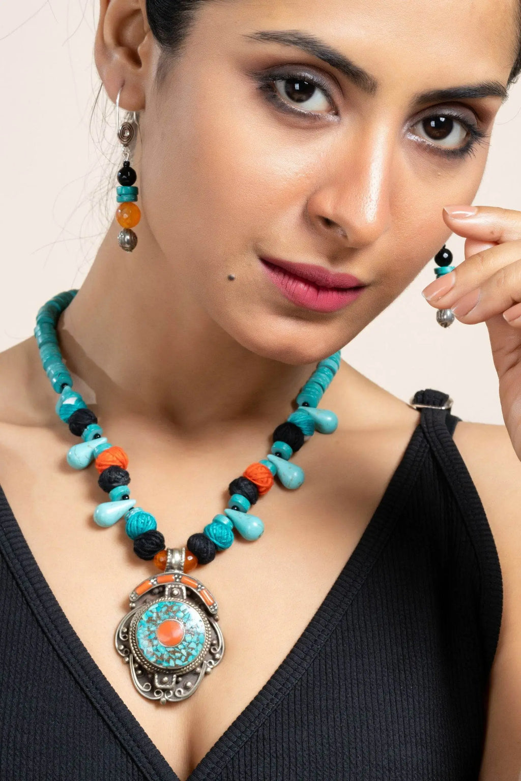 Handmade Turquoise Drop Blue Orange Tibetan Necklace with Matching Earrings Jewelry Set - Lookandadorn.com