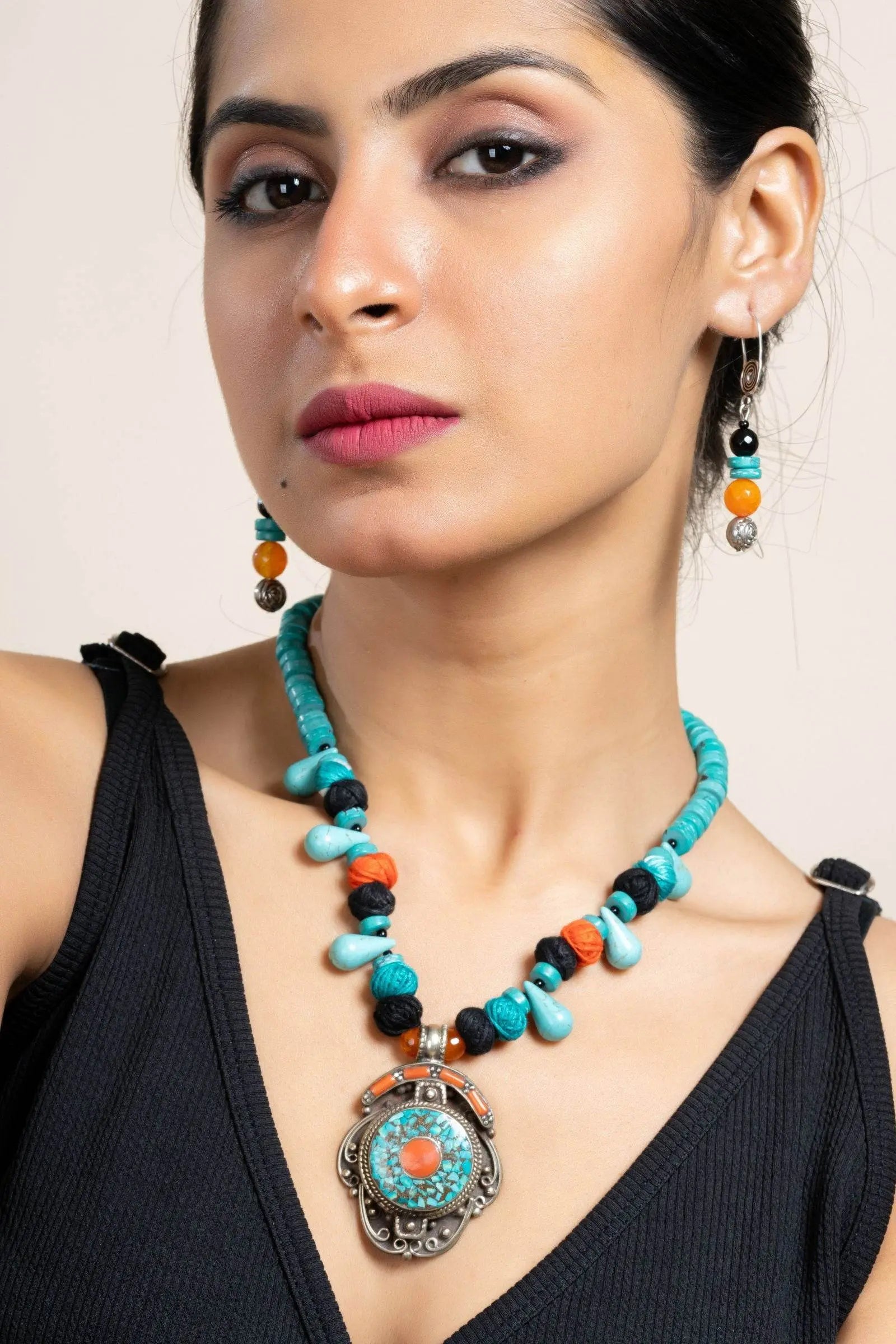 Handmade Turquoise Drop Blue Orange Tibetan Necklace with Matching Earrings Jewelry Set - Lookandadorn.com