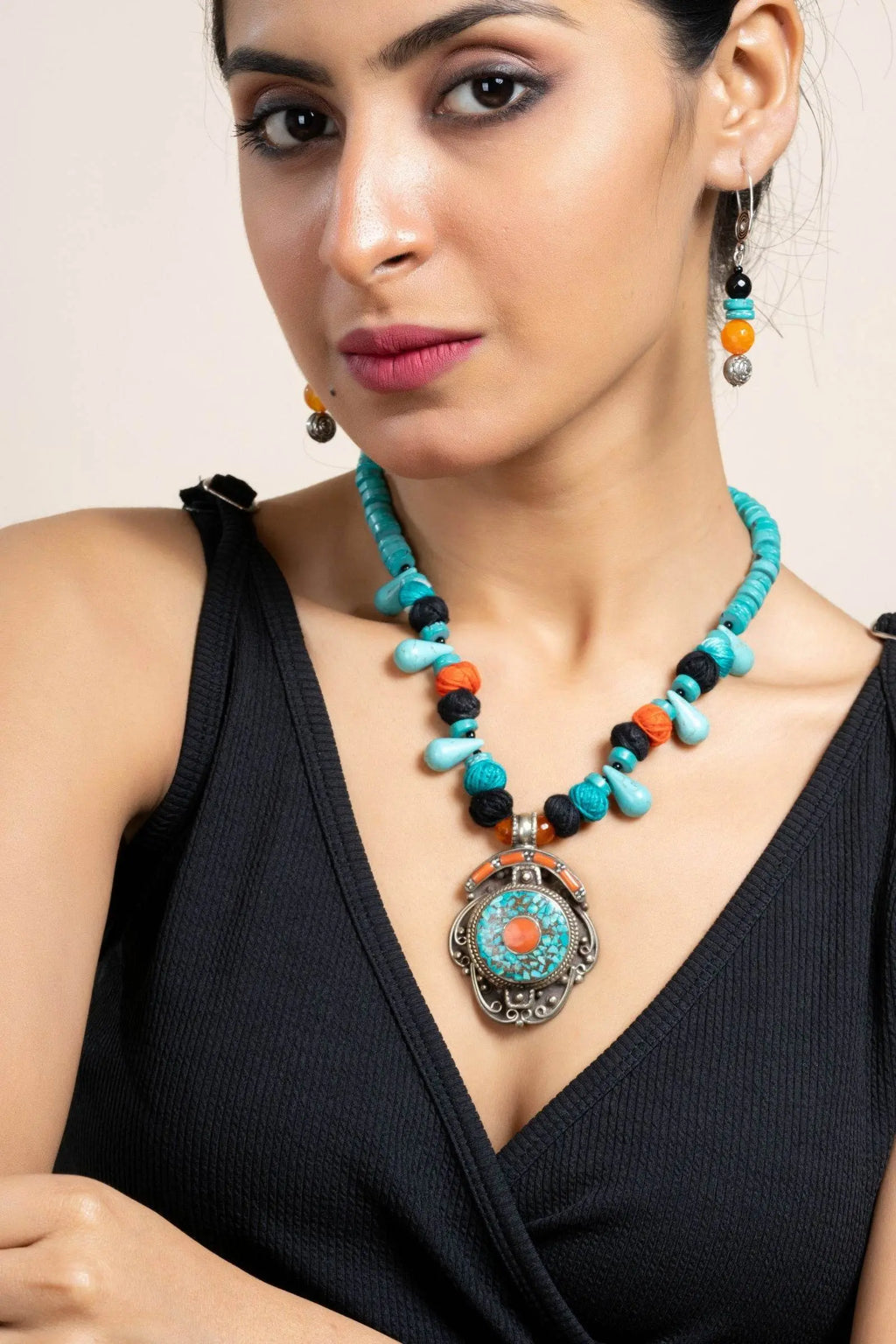 Handmade Turquoise Drop Blue Orange Tibetan Necklace with Matching Earrings Jewelry Set - Lookandadorn.com