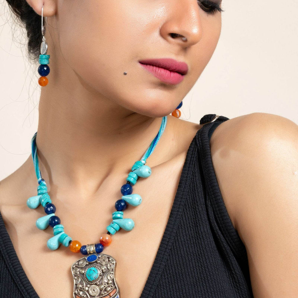 Handmade Turquoise Drop Tibetan Pendant Necklace with Earrings Jewelry Set & Adjustable Dori - Lookandadorn.com