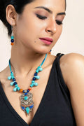 Handmade Turquoise Drop Tibetan Pendant Necklace with Earrings Jewelry Set & Adjustable Dori - Lookandadorn.com