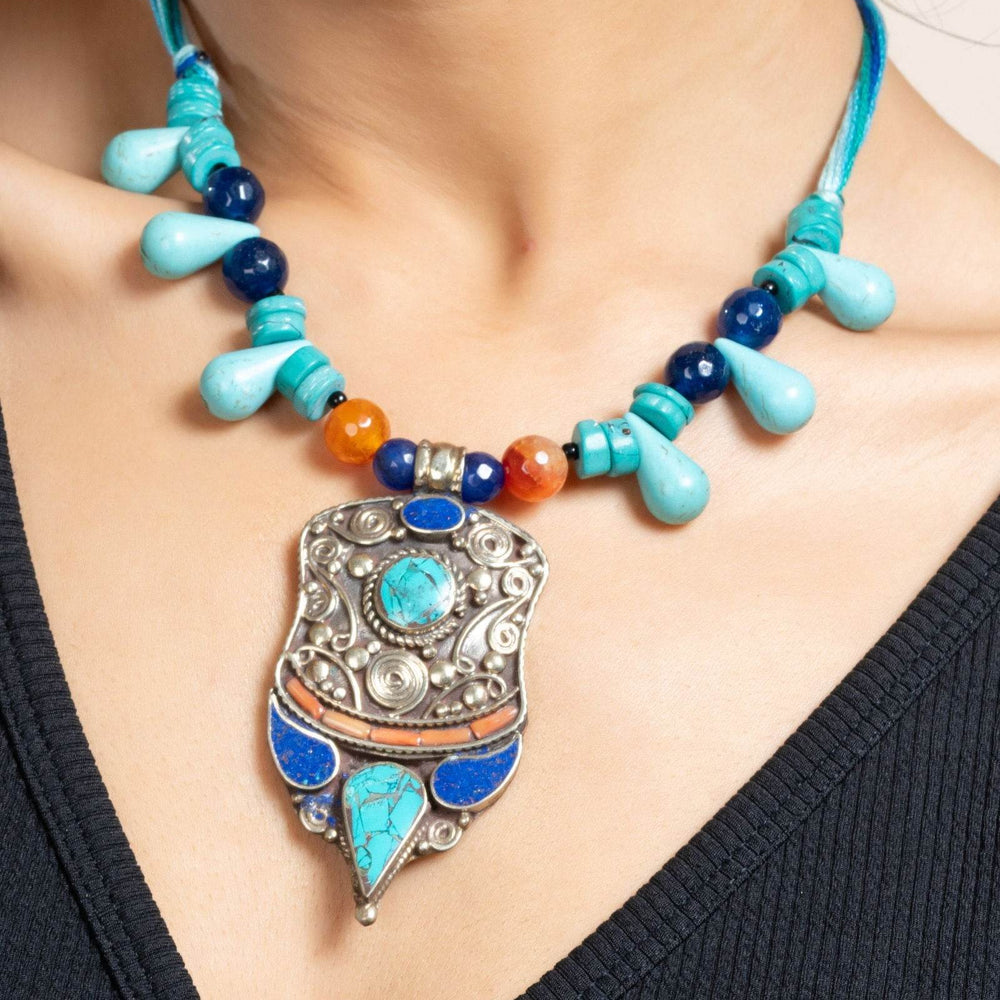 Handmade Turquoise Drop Tibetan Pendant Necklace with Earrings Jewelry Set & Adjustable Dori - Lookandadorn.com