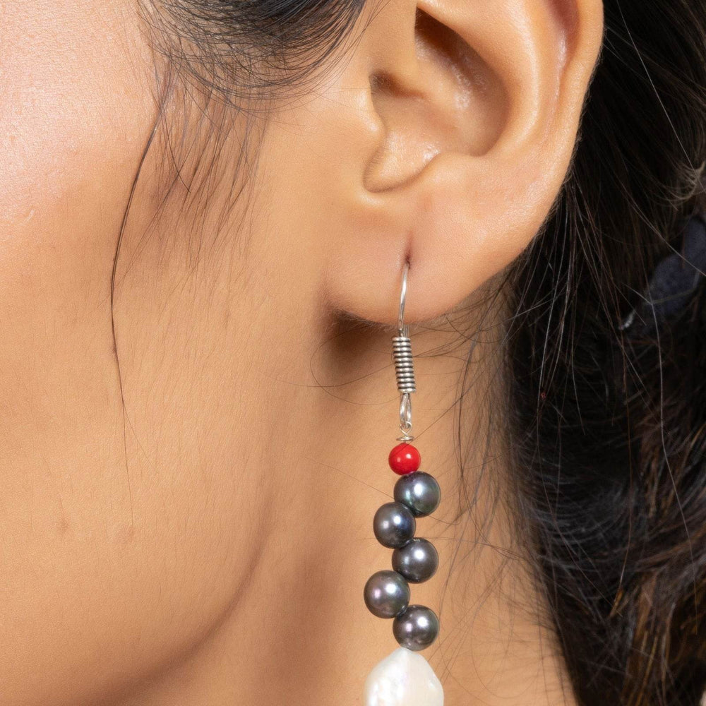 Handmade White Coin Pearl, Black Pearl & Red Semi Precious Coral Earrings for All Occasions - Lookandadorn.com