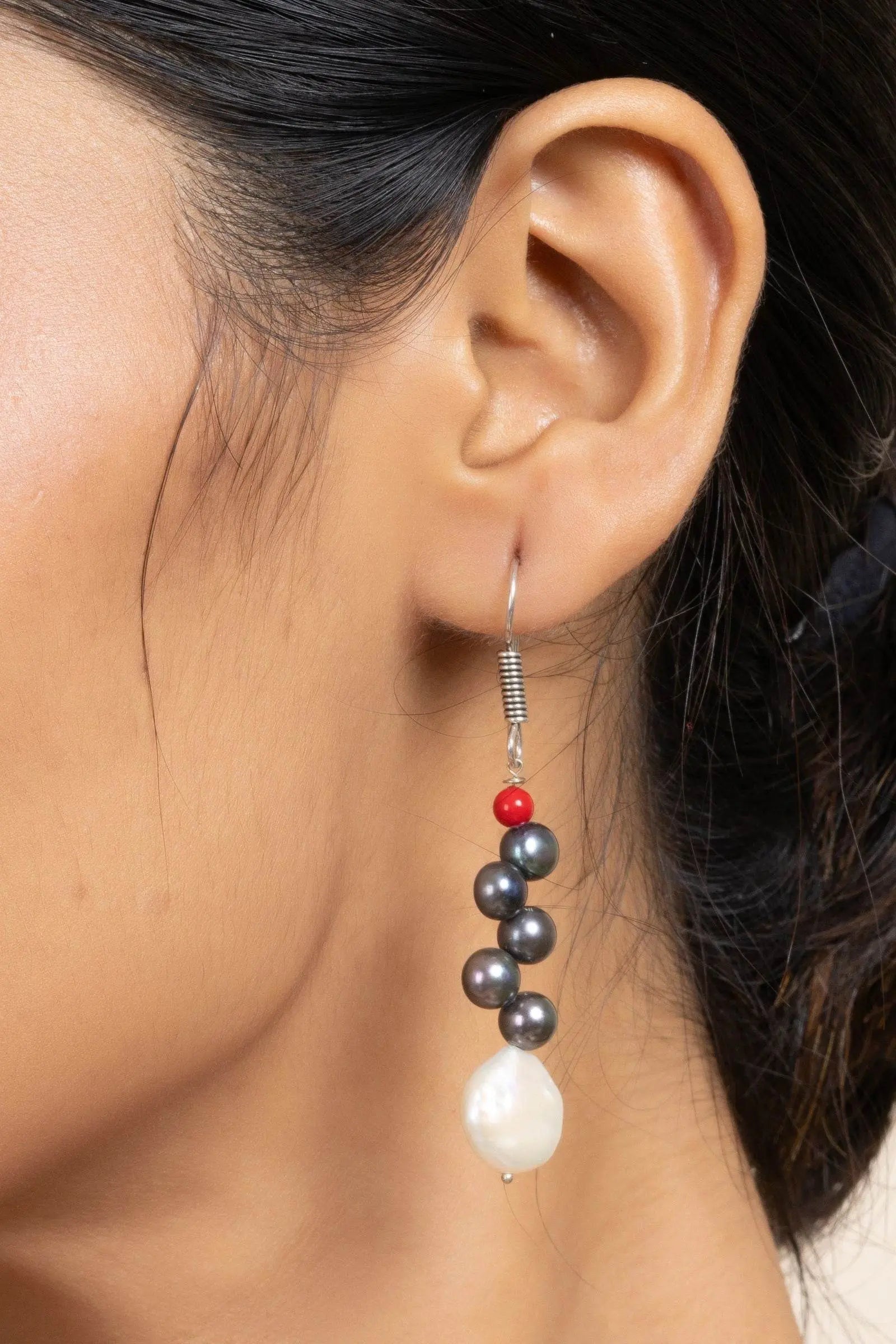 Handmade Coin Pearl, Black Pearl & Red Coral Earrings