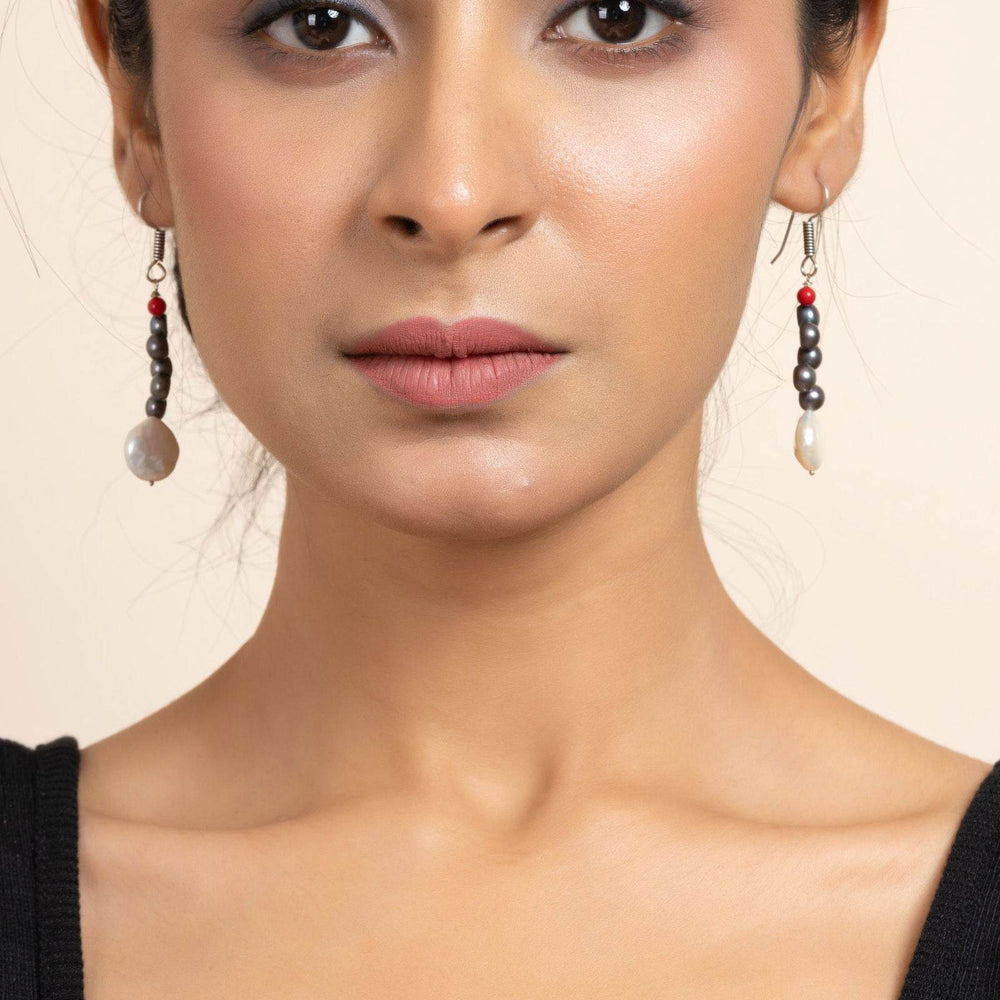Handmade White Coin Pearl, Black Pearl & Red Semi Precious Coral Earrings for All Occasions - Lookandadorn.com
