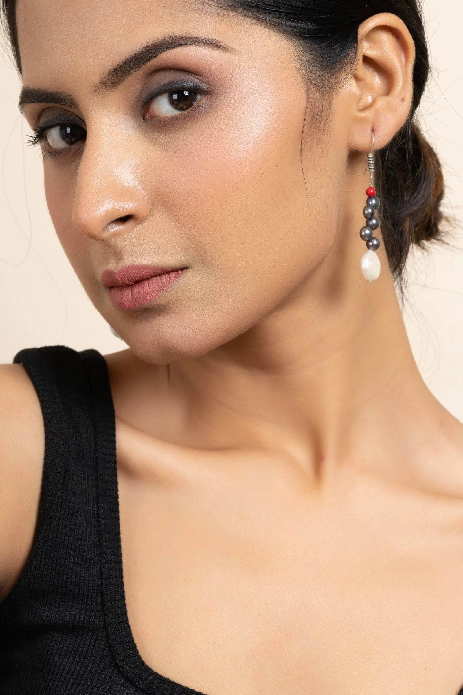 Handmade White Coin Pearl, Black Pearl & Red Semi Precious Coral Earrings for All Occasions - Lookandadorn.com