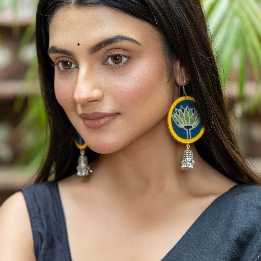 Handmade Fabric with German Silver Jhumka Earrings in Vibrant Yellow, Blue, Green - Unique Artisan Design - Lookandadorn.com