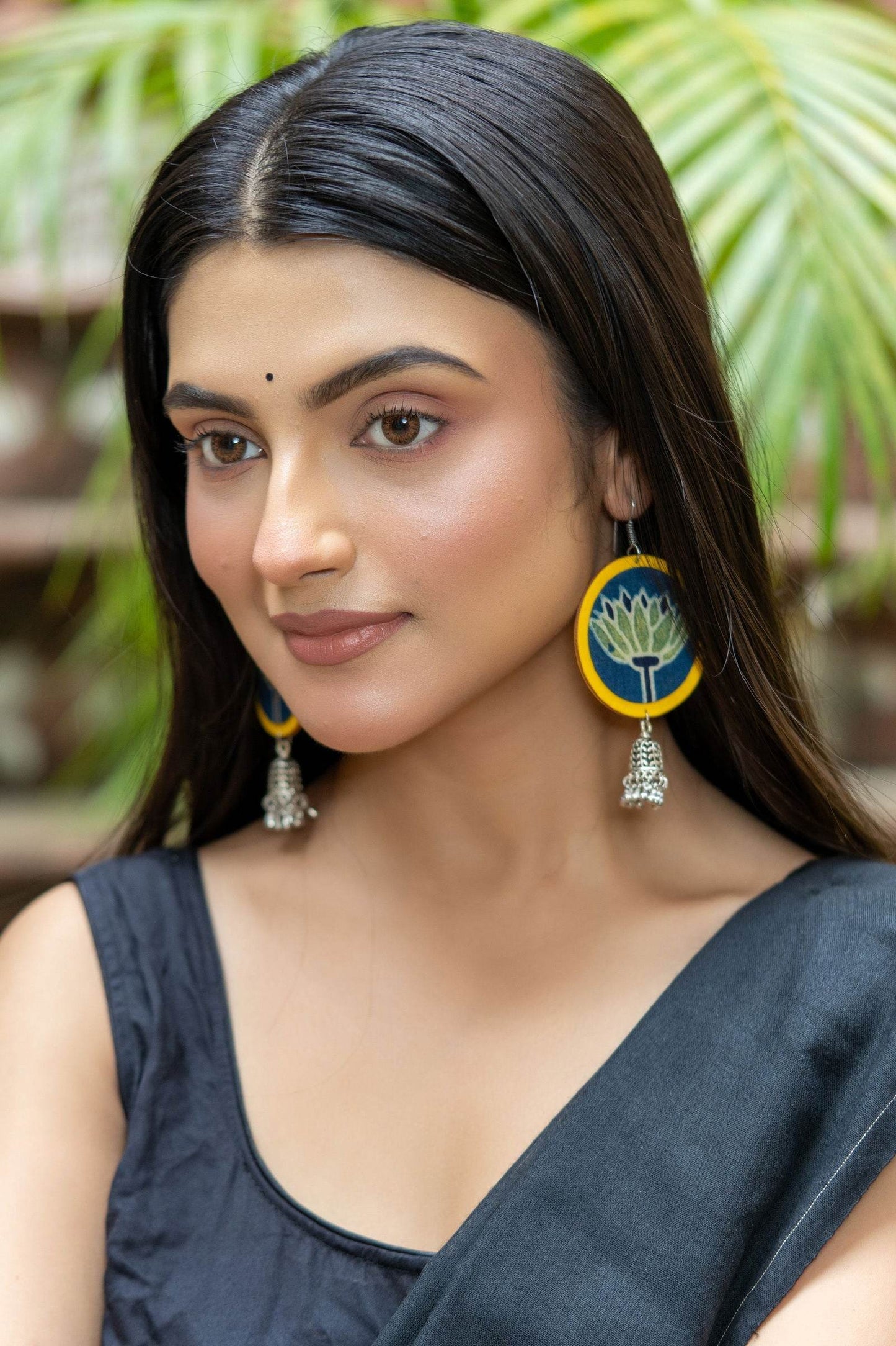 Handmade Fabric with German Silver Jhumka Earrings in Vibrant Yellow, Blue, Green - Unique Artisan Design - Lookandadorn.com