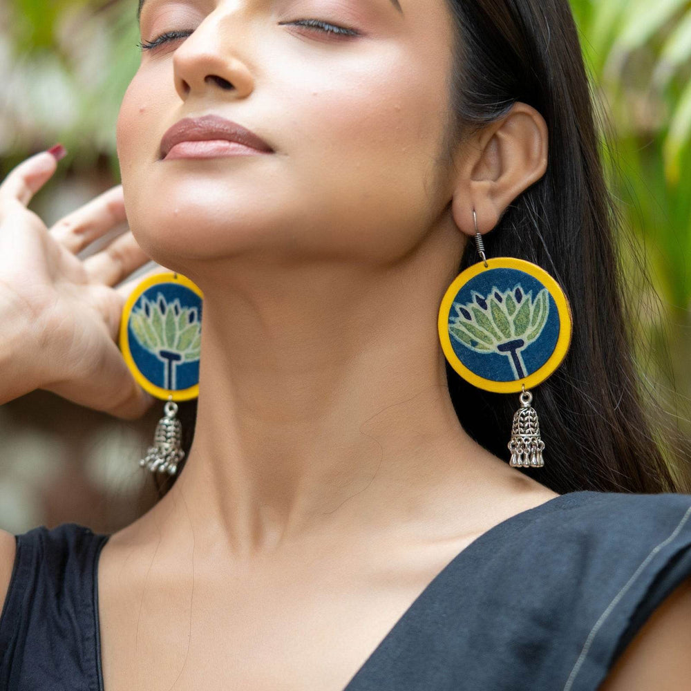 Handmade Fabric with German Silver Jhumka Earrings in Vibrant Yellow, Blue, Green - Unique Artisan Design - Lookandadorn.com