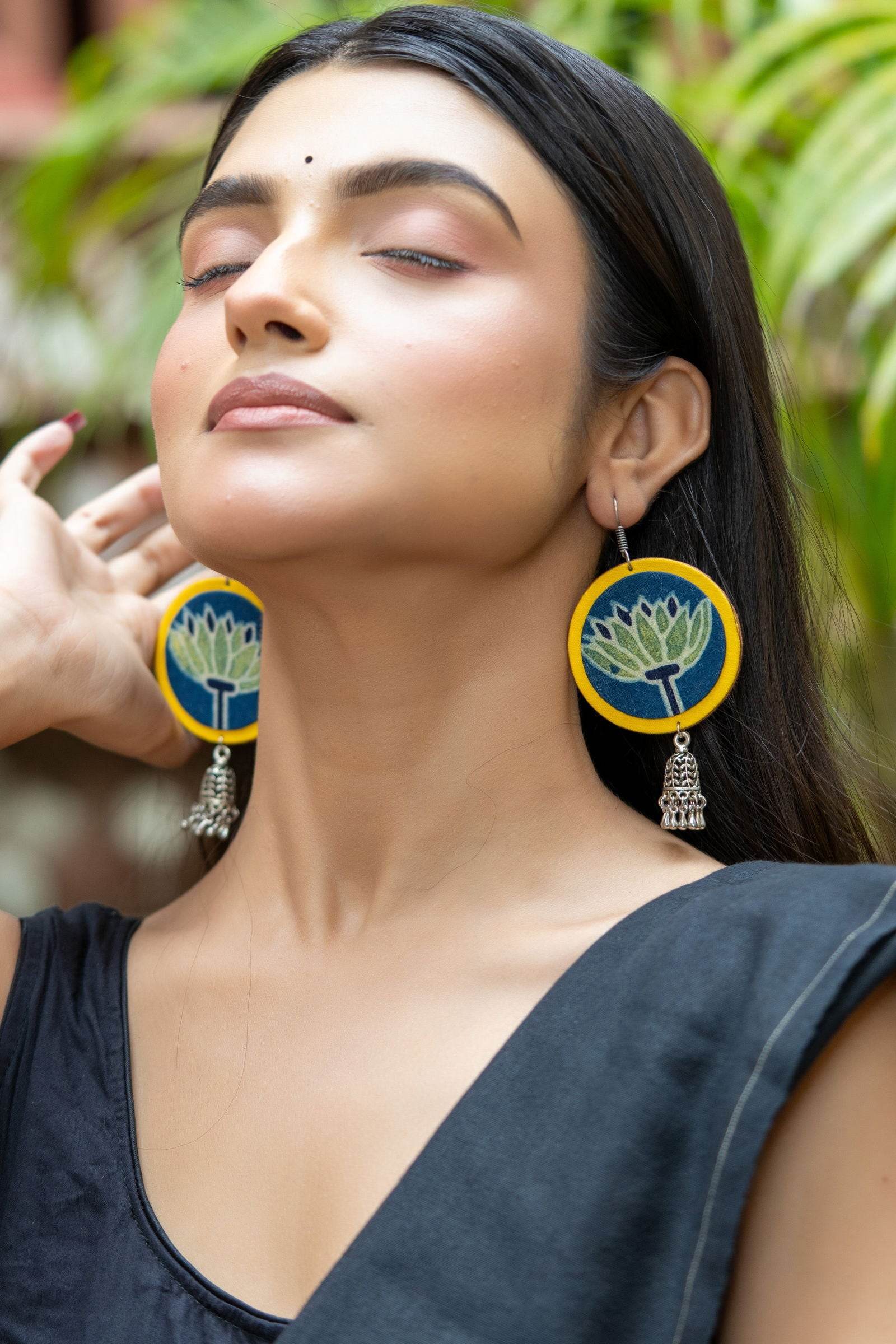 Handmade Fabric with German Silver Jhumka Earrings in Vibrant Yellow, Blue, Green - Unique Artisan Design - Lookandadorn.com