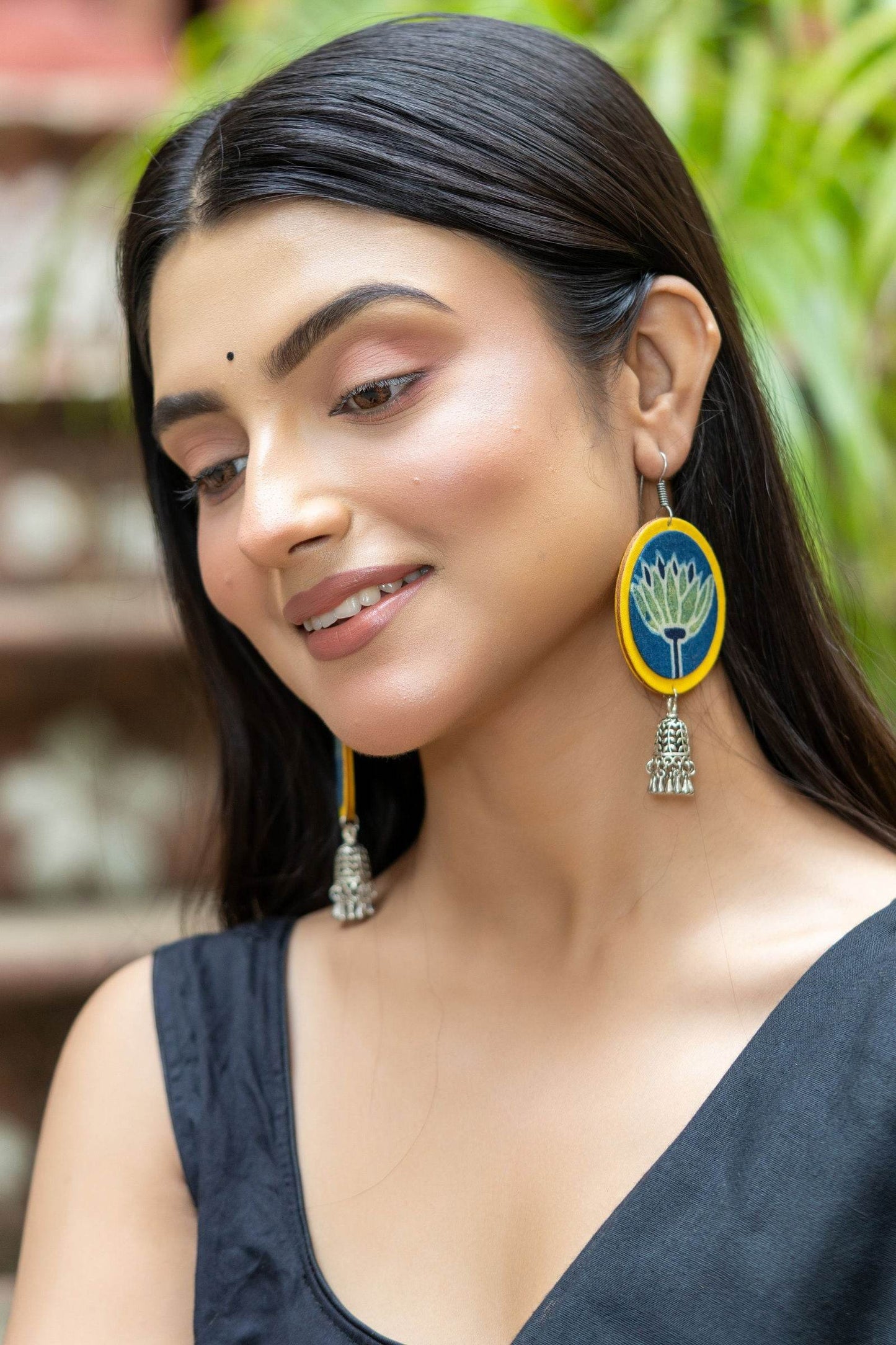 Handmade Fabric with German Silver Jhumka Earrings in Vibrant Yellow, Blue, Green - Unique Artisan Design - Lookandadorn.com