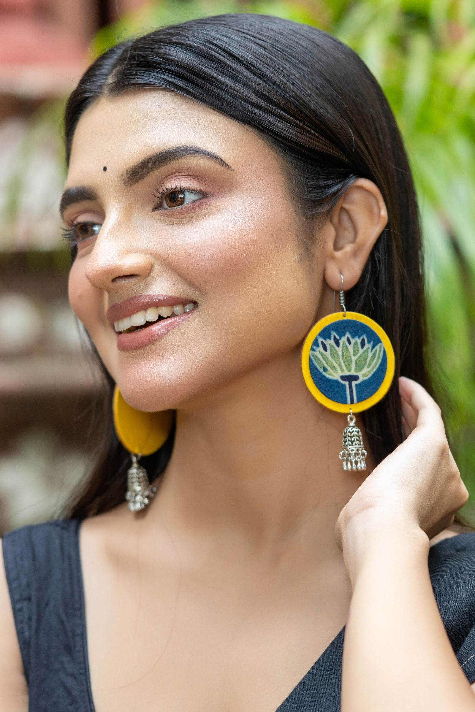 Handmade Fabric with German Silver Jhumka Earrings in Vibrant Yellow, Blue, Green - Unique Artisan Design - Lookandadorn.com