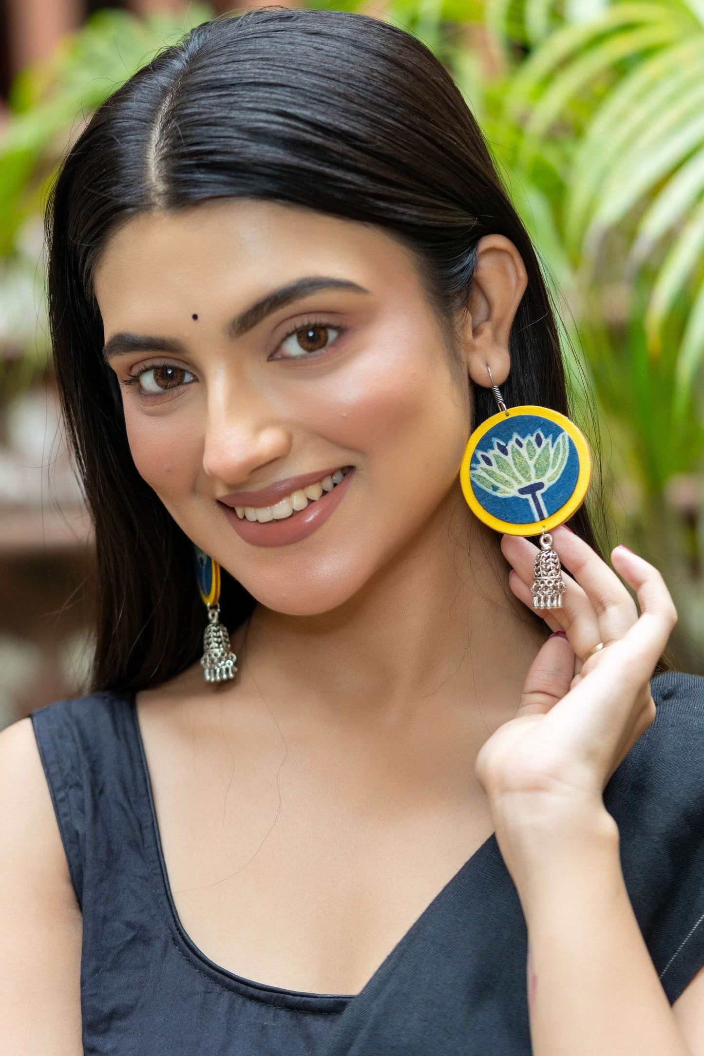 Handmade Fabric with German Silver Jhumka Earrings in Vibrant Yellow, Blue, Green - Unique Artisan Design - Lookandadorn.com