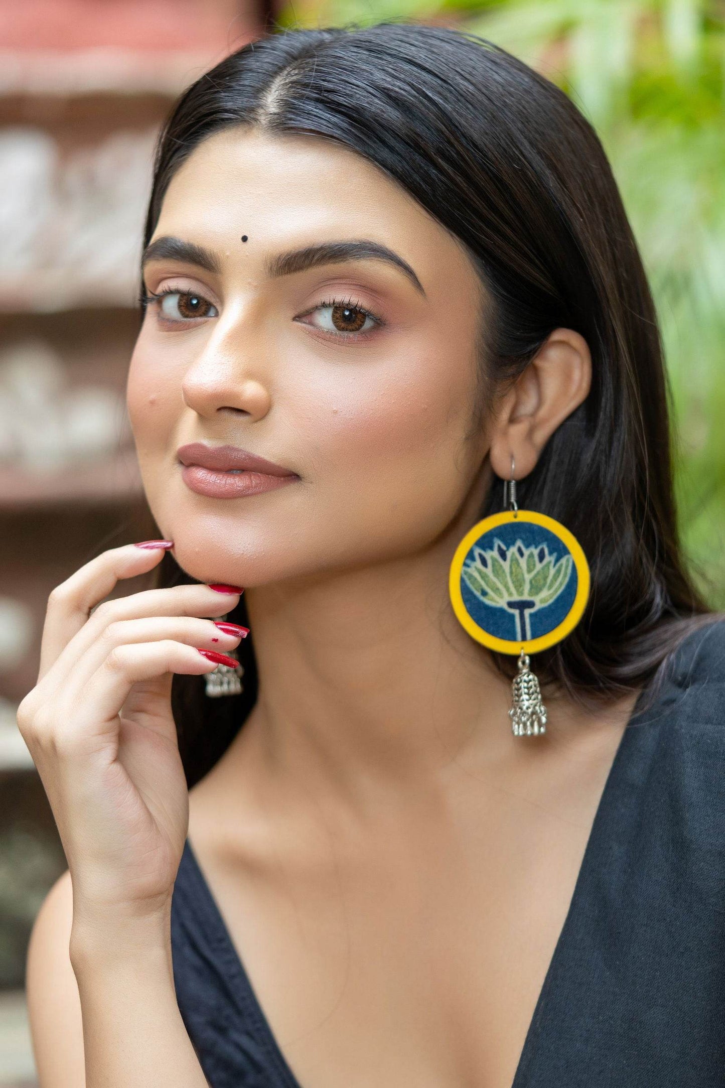 Handmade Fabric with German Silver Jhumka Earrings in Vibrant Yellow, Blue, Green - Unique Artisan Design - Lookandadorn.com